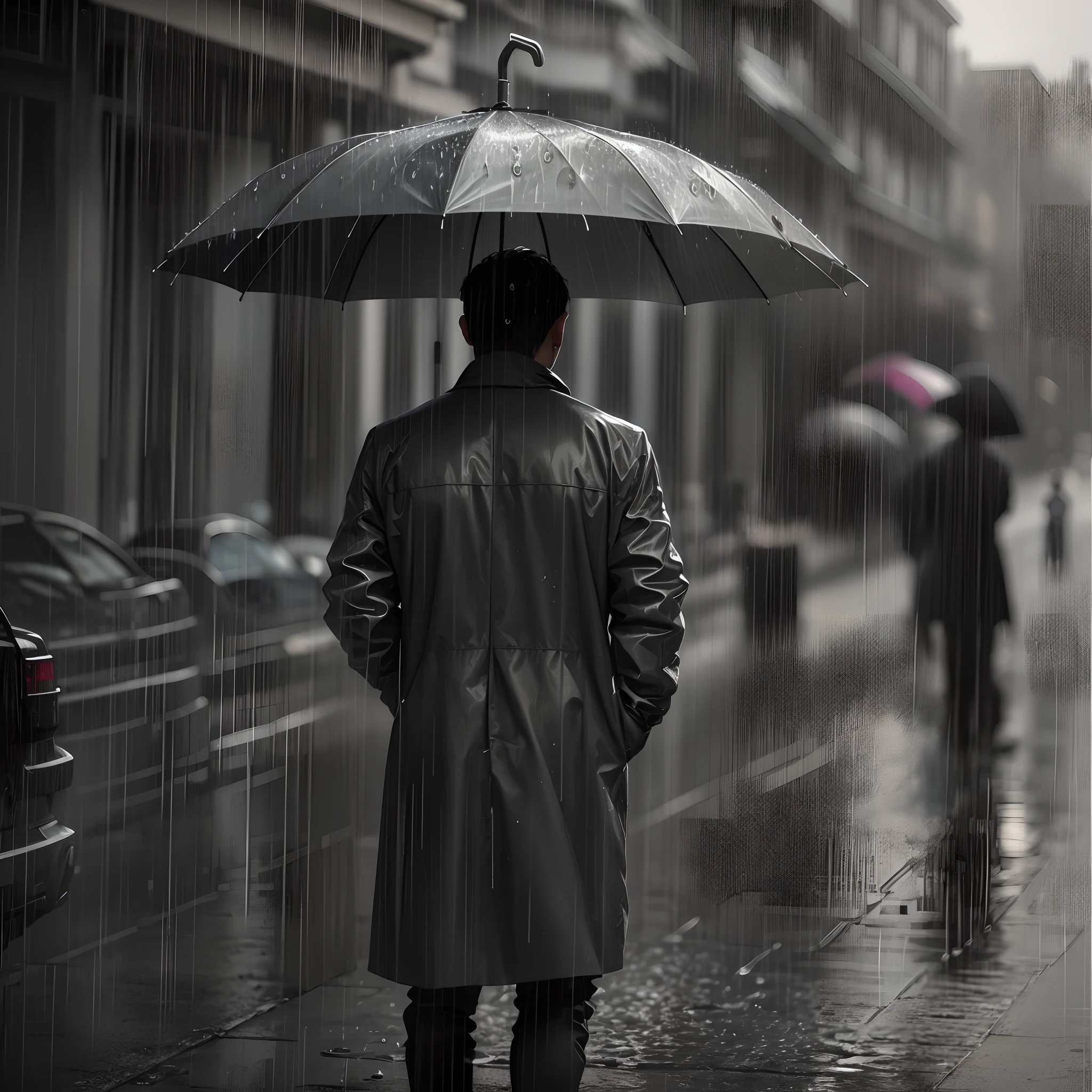I want a man in a rain coat stand on the street holding the umbrella in right hand --auto --s2