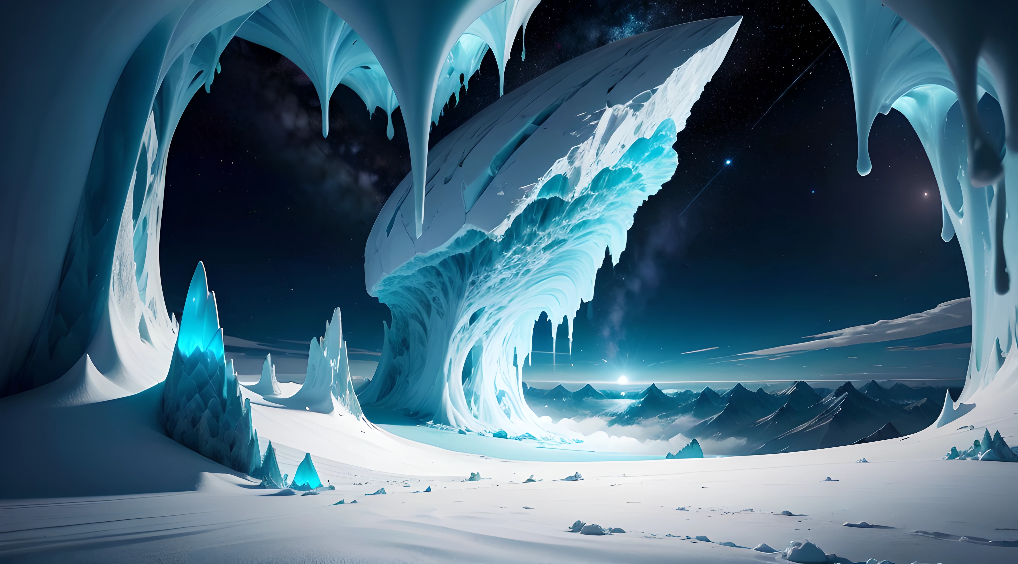 Above the ocean on a tall glacier. Ice cave that resembles a brain. White-crested waves. Clouds. Stars. Planet. Mountains. Solitude. Sci-fi.