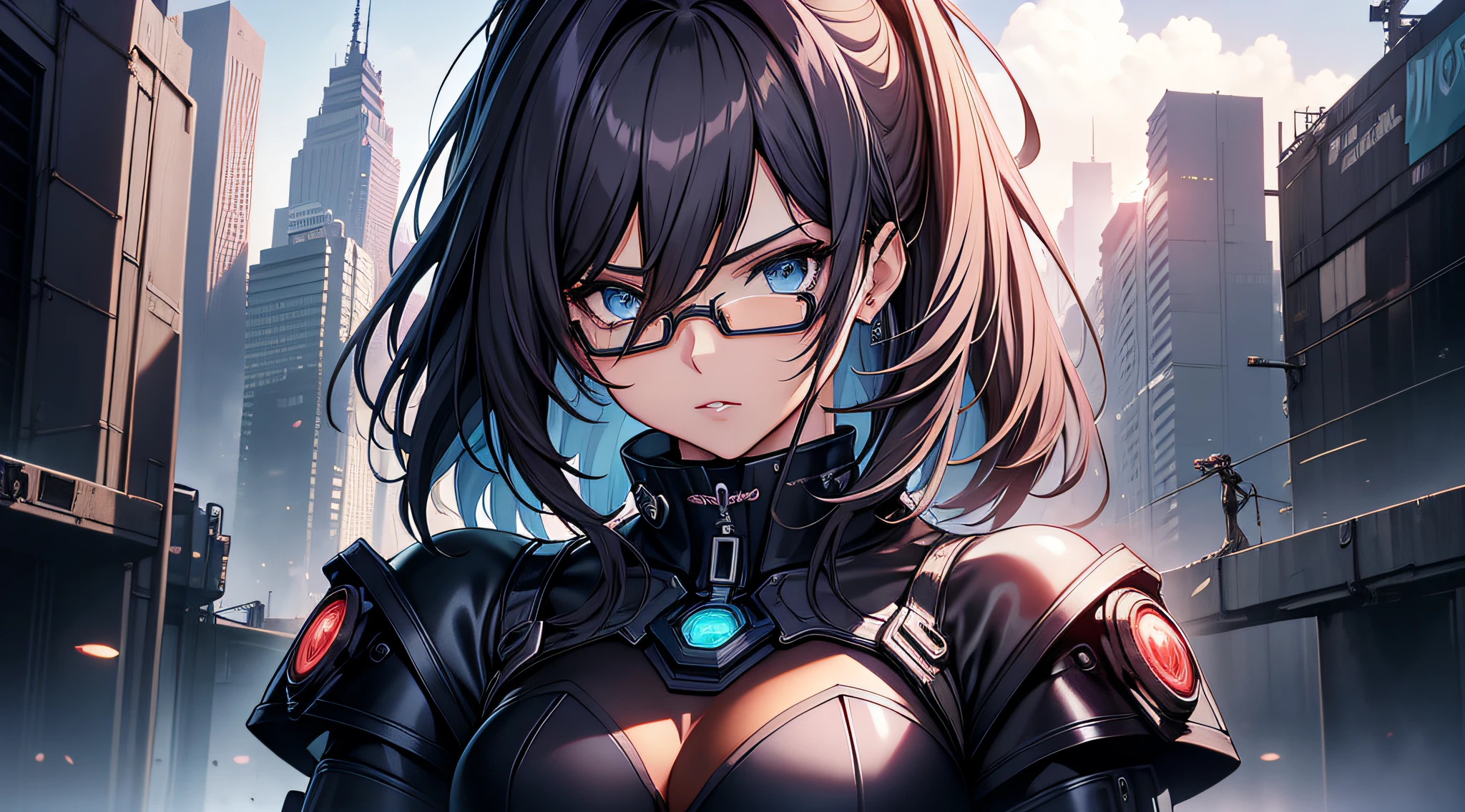 Anime - imagem de estilo 1mulher com olhos azuis e cabelo preto, cabelo preto, sobrancelha grossa, rosto de mulher de 27 anos, jovem de 27 anos, boca fechada, corpo inteiro, Arte de anime cyberpunk, (boca fechada: 1.5), (二重まぶた), (cabelo preto: 1.3) usando vestido, arte digital do anime cyberpunk, Arte de anime cyberpunk, gama murata e artgerm, eyeglass, roupa futurista, (corpo todo: 1.5), usando vestido, stylish pants, Technological dress, transparent spectacle lenses, Artgerm extremamente detalhado, Anime cyberpunk moderno, Artgerm e Atey Ghailan, Artgerm e Genzoman, boca fechada