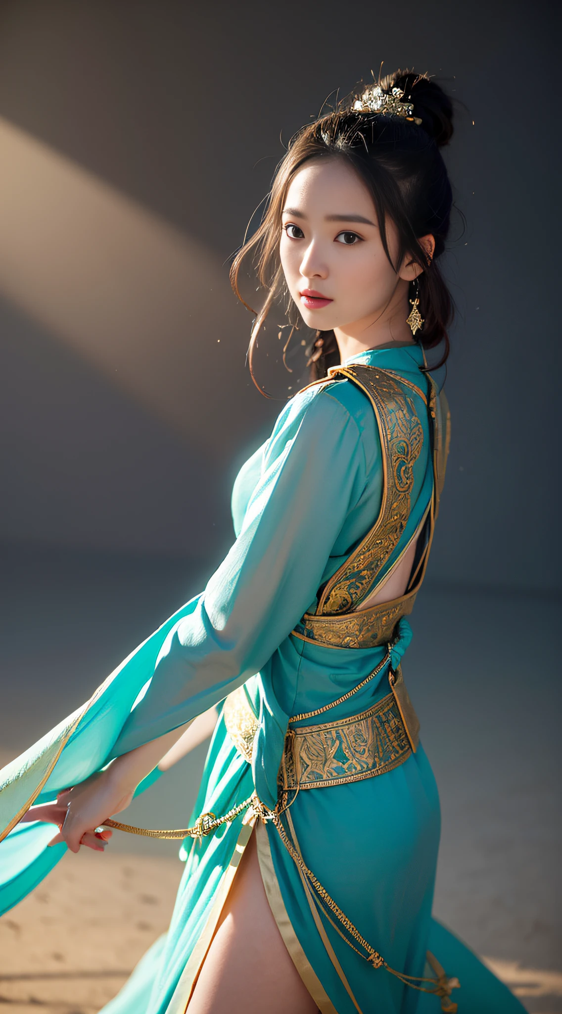 1girl, Dunhuang flying costume, messy long hair, ji jian, Dunhuang style, a lot of smoke, exquisite, elegant colors, (realistic, high detail, masterpiece, super detailed, dynamic angle, mural background, ink, amazing, movie lighting, illustration, chiaroscuro, backlight, god ray, holland, best quality, best quality, sunset, yellow sand background
