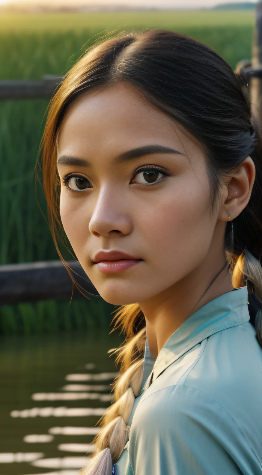 realistic photo, a realistic photo of 22 year girl wearing Lightweight, pastel-colored jumpsuit, Side Braid hair,A rice field with a small wooden bridge crossing over a waterway background, (extremely detailed CG unity 8k wallpaper), photo of the most beautiful artwork in the world, 8k uhd, dslr, natural lighting, high quality, High Detail, Sharp focus, dramatic, (looking at viewer:1.2), (detailed face and eyes:1.3)