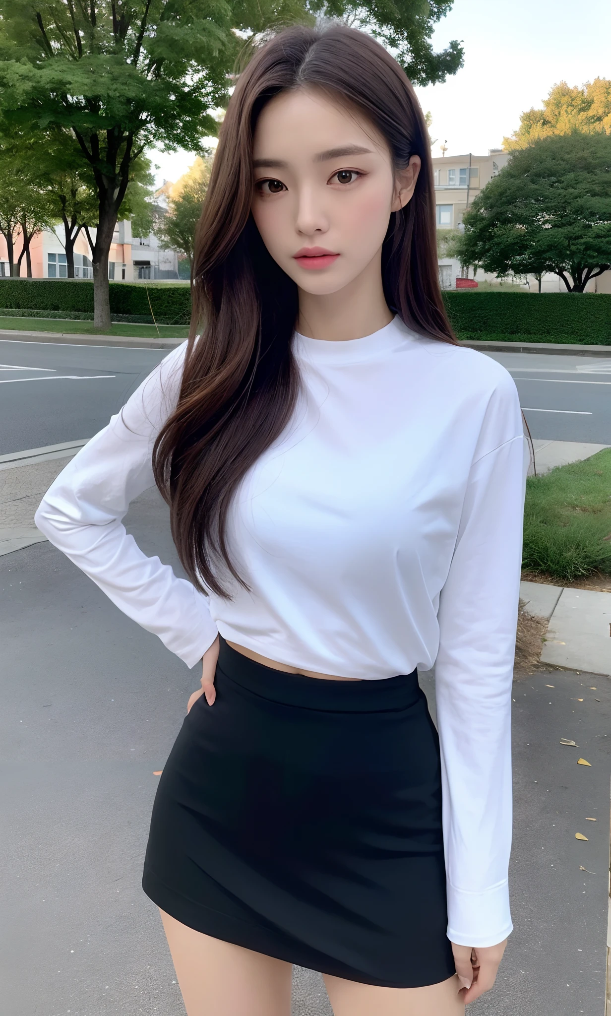 ((Realistic lighting, Best quality, 8K, Masterpiece: 1.3)), Clear focus: 1.2, 1girl, Perfect beauty: 1.4, Slim abs: 1.1, ((Dark brown hair)), (White shirt: 1.4), short skirt, (Outdoor, Night: 1.1), Park view, Super fine face, Fine eyes, Double eyelids,