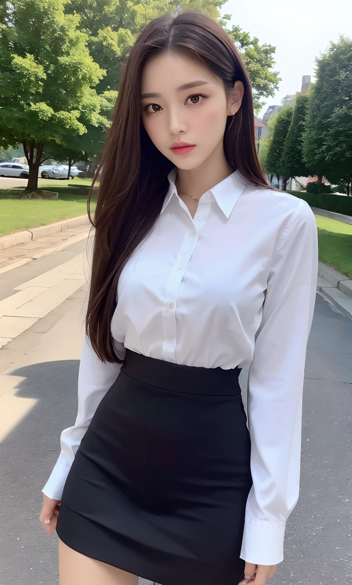 (1 Korean star with royal sister style), ((best quality, 8k, masterpiece: 1.3)), focus: 1.2, perfect body beauty: 1.4 , (funny expression), (city street: 1.3), highly detailed face and skin texture, fine eyes, double eyelids, whitening skin, (air bangs: 1.3), (round face: 1.5), (slim hip skirt: 1.4),