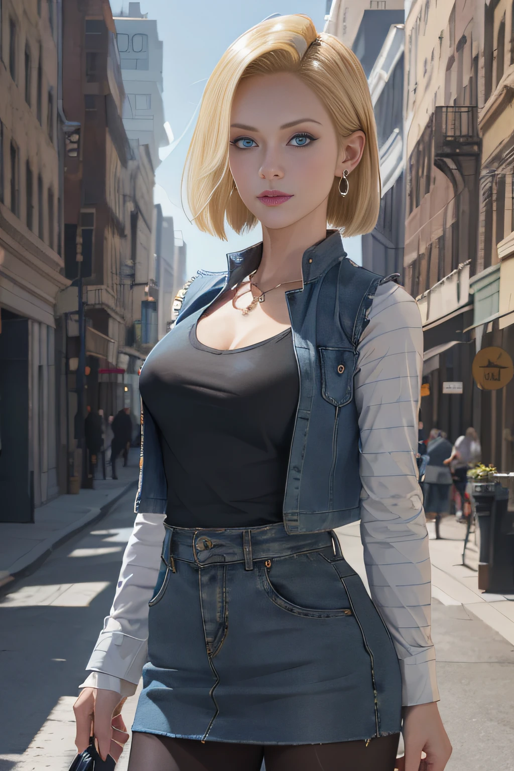 (very detailed background:1.0), (highly detailed background:1.0),absurdres, ((masterpiece:1.2, best quality)), ultra detailed, Ultra-precise depiction, Ultra-detailed depiction, best quality, extremely detailed, (dynamic pose), (photorealistic:1.4), official art, unity 8k wallpaper, beautiful and aesthetic, looking at viewer, 1lady, wide hips, (shiny skin), many colors, dynamic angle, the most beautiful form of chaos, elegant, a brutalist designed, romanticism, deep shadow, low key, looking back, ANDROID_18, AND18, and18, 1girl, android 18, solo, blonde hair, blue eyes, short hair, earrings, jewelry, denim vest, open vest, black pantyhose, black shirt, denim skirt, striped long sleeves, blue skirt, large breasts