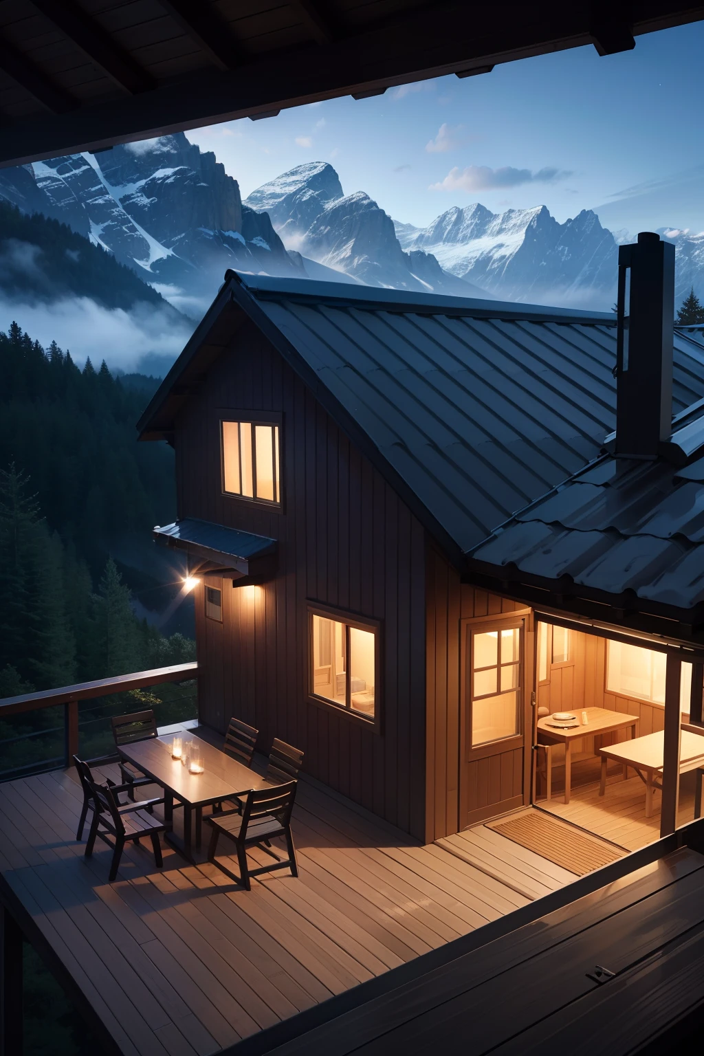 modern 200 sq ft tiny cabin, one sloped roof, big porch with table and chairs under a long extended roof, view from 3 meters above, on the background are mountains, very dark sky, 4k, dramatic light, high details, pastel colors, landscape similar to swiss alps,