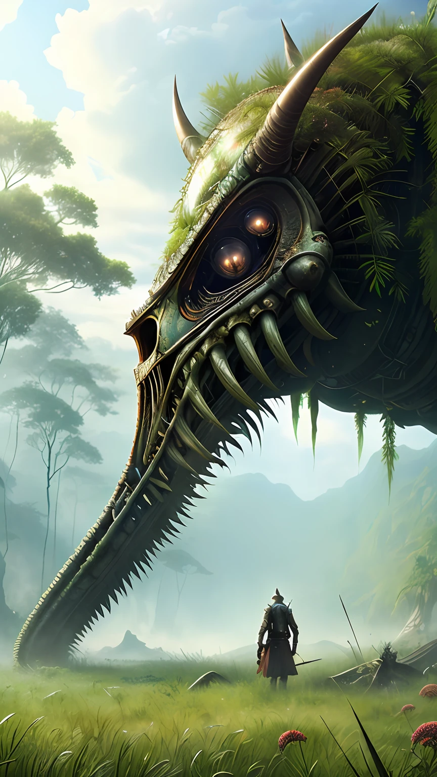 (Extreme close-up) photore (Scared:1.1) (19th century oriental 1.2), (rainforests:0.9), (tall grass:1.2), (Huge old dead alien monster in the background:1.2), Wet, rays of sunshine, insanely details, Cinematic, epic realistic, Intricate details, ultra - detailed, High quality, primitive, author:Jakub Rozalski