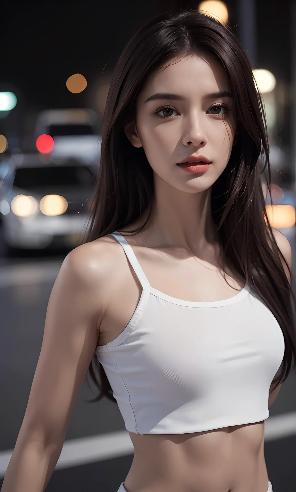 ((Best quality, 8K, Masterpiece :1.3)), Sharp focus :1.2, perfect figure beautiful woman:1.4, Slim abs:1.2, ((Layered Hair Style,)), (Tank top shirt:1.1 ), (the street:1.2), Highly detailed facial and skin texture, A detailed eye, 二重まぶた,（torn laundry：1.5）， （wetclothes：1.4）， exposed bare shoulders， Real rain， Wet hair,（Magazine cover style illustration of a vibrant, stylish woman dressed）
