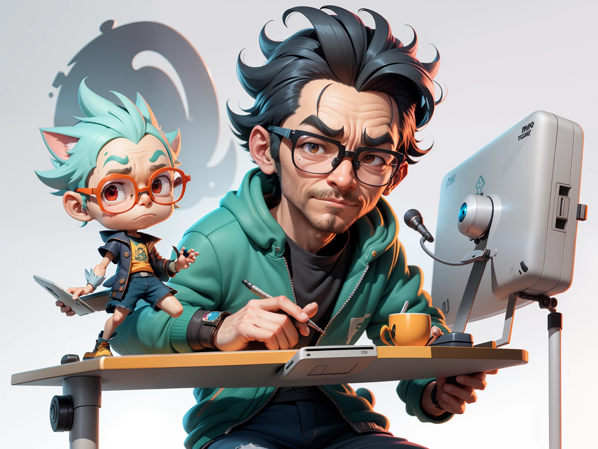 A young man with glasses sits at his desk,holding laptop,digitial painting,3D character design by Mark Clairen and Pixar and Hayao Miyazaki and Akira Toriyama,4K HD illustration,Very detailed facial features and cartoon-style visuals。