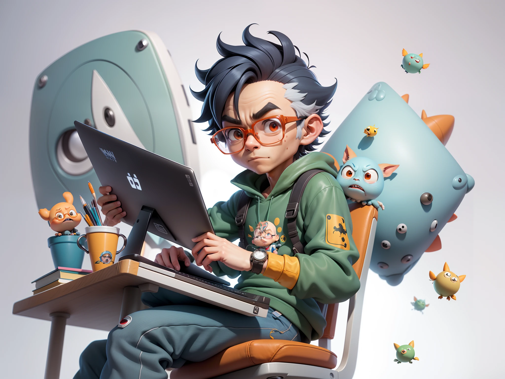 A young man with glasses sits at his desk，holding laptop，digitial painting，3D character design by Mark Clairen and Pixar and Hayao Miyazaki and Akira Toriyama，4K HD illustration，Very detailed facial features and cartoon-style visuals。