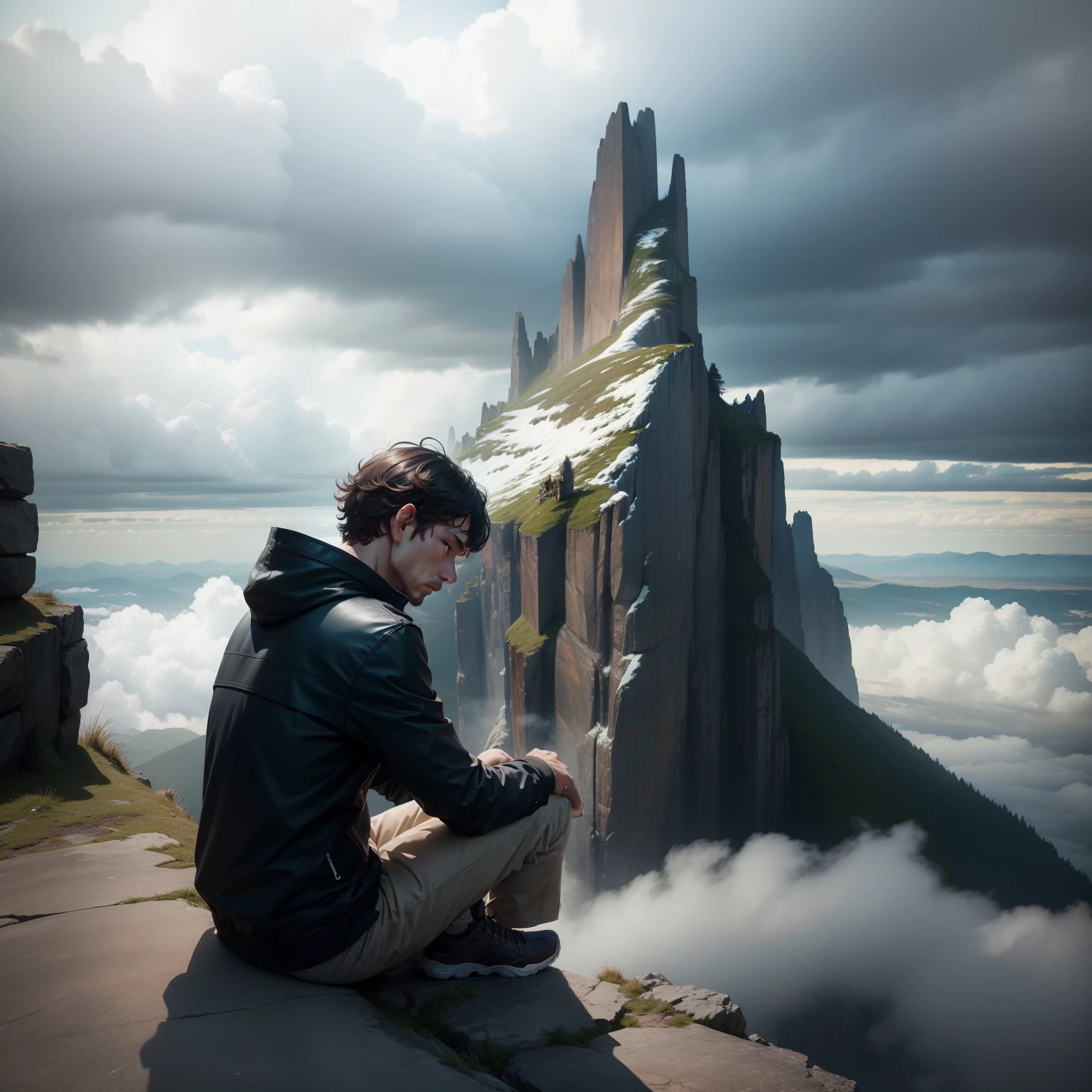man sitting on the edge of a mountain on a cloudy day with a sad face