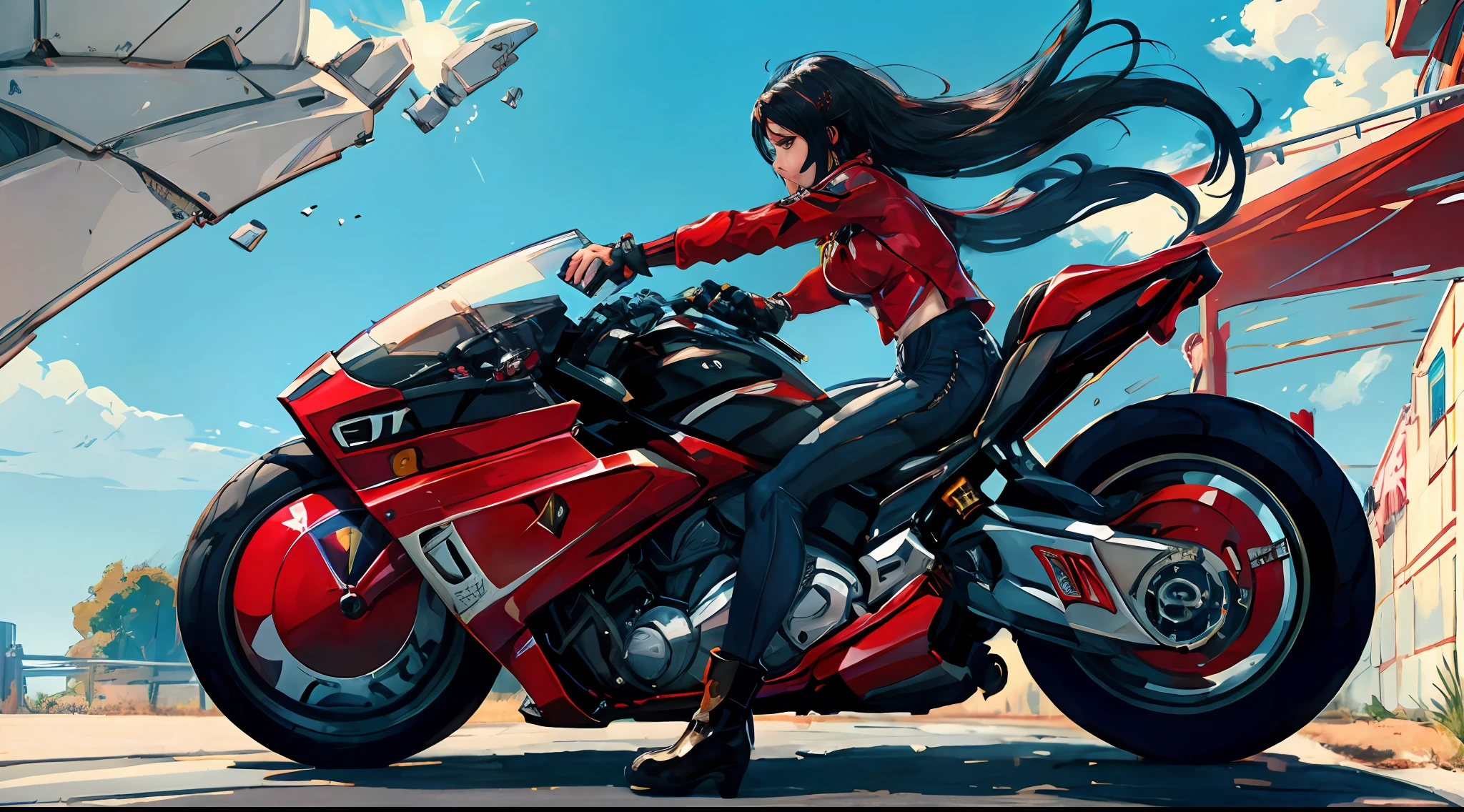 a motorcyclist driving too fast on a highway, Arte Oficial, Unity 8k imagem de frente , Ultra Detalhado, handsome and aesthetic, obra-prima, melhor qualidade, realista,Beautiful woman with long hair fluttering from the wind , cabelo preto, akirabike vermelho brancoa em alta velocidade, cyberpunk vista da cidade, Epic fabric , Uniforme Cyberpunkr