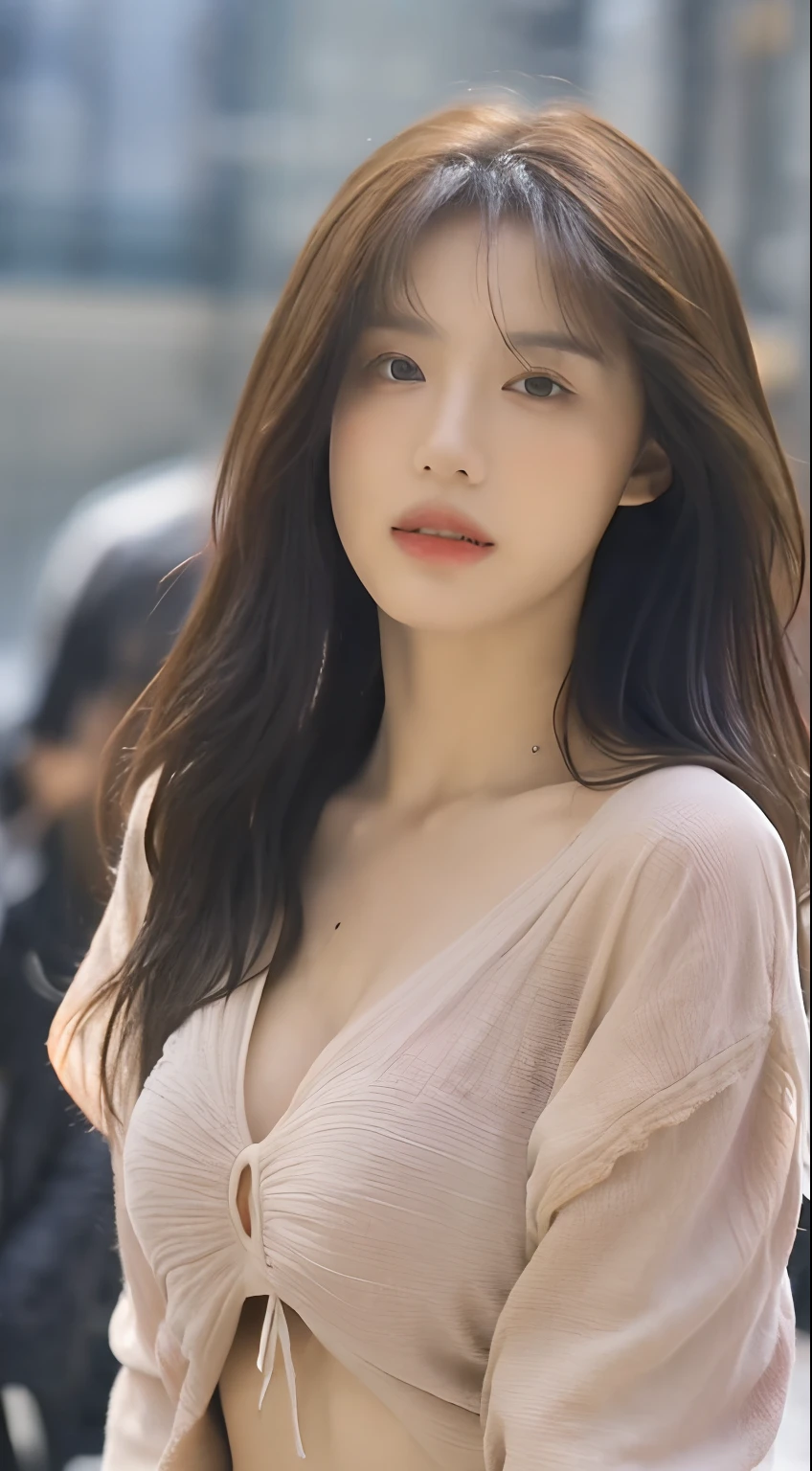 (best qualtiy,A high resolution,tmasterpiece:1.3),A tall and beautiful woman,Slender abs,Dark brown hair in loose wavy styling,Large breasts,cleavage,Wear a pendant,white button-down blouse,obi strip,a black skirt,(Modern architecture in background),Beautifully rendered details in face and skin textures,Detailed eyes,二重まぶた