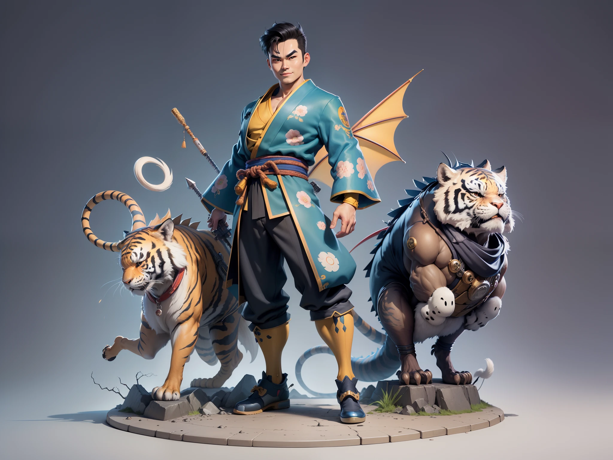 (Masterpiece), (Excellent), (Super Meticulous), (Full Body: 1.2), Super Young Man, Oriental Face, Japanese Kimono, Japanese Wind Thunder God, Dragon, Tiger, TV Anchor, Bust Portrait Illustration, Alone, Black Suit, Blue Tie, Slightly Chubby Face, Very Clean Face, No Beard, Black Super Short Hair, Black Eyes, Confident Smile, 3c Computer Sub-Products, iPad, iPhone, Digital Painting, 3D Character Design by Akira Toriyama and Mark Claireden and Pixar and Hayao Miyazaki, The illustration is a high-definition illustration in 4K resolution with very detailed facial features and cartoon-style visuals.