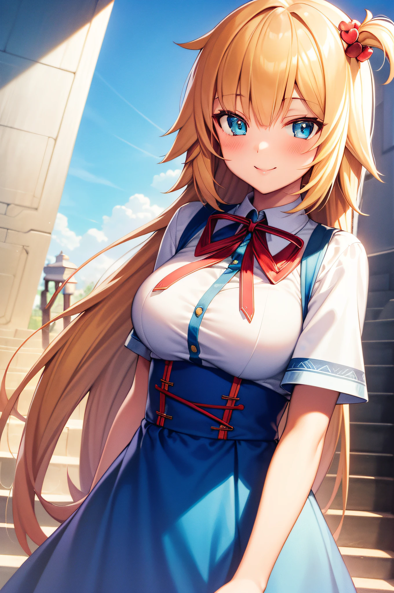 illustration, masterpiece, best quality, anime, highly detailed face, highly detailed eyes, highly detailed background, perfect lighting, 1girl, solo,akaihaato, standing, upper body, smile, blush, outdoors, day, blue sky, sky, temple, looking at viewer, stairs, mountain, facing viewer,