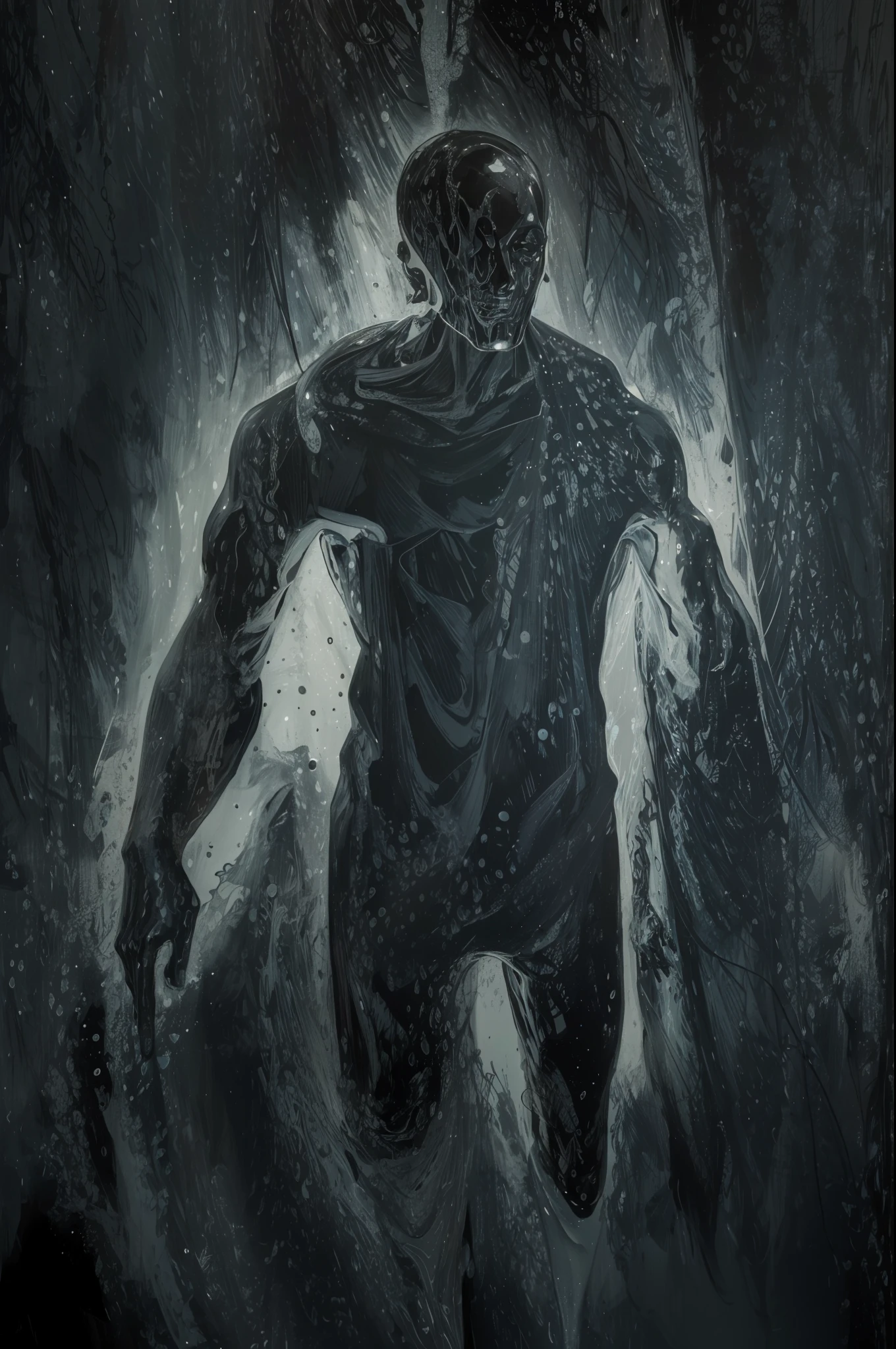 pintura de um homem em um terno preto segurando uma prancha de surf, silhueta humana cristalizada, retrato do homem feito do gelo, corpo humano abstrato, character is covered in liquid, figure in the darkness, ghostly figure, o homem esculpindo-se em pedra, figura misteriosa, ghostly form, silhueta humana fractal, Scary black figure standing, corpo humano se separando, pessoa feita de vidro