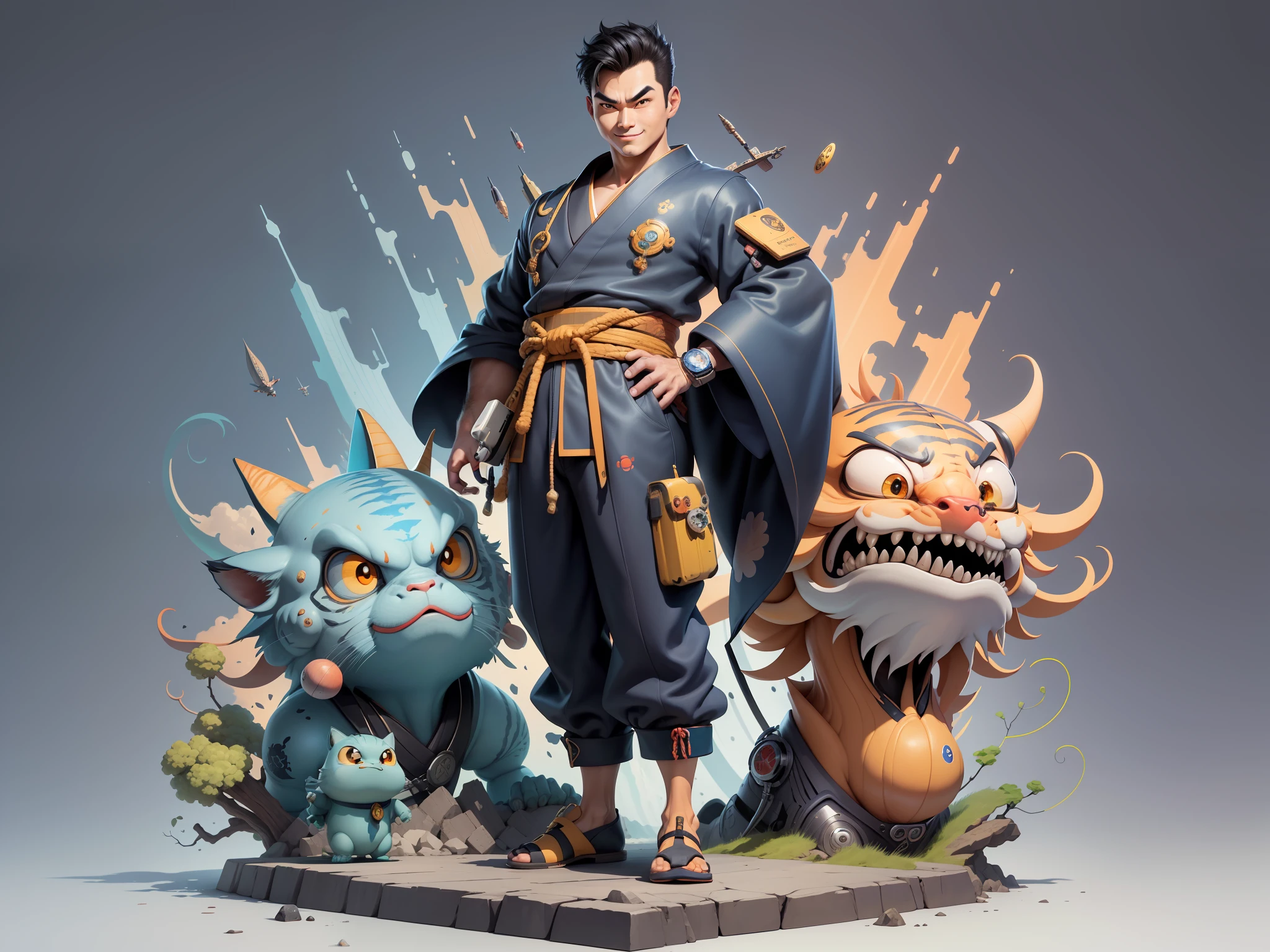 (Masterpiece), (Excellent), (Super Meticulous), (Full Body: 1.2), Super Young Man, Oriental Face, Japanese Kimono, Japanese Wind Thunder God, Dragon, Tiger, TV Anchor, Bust Portrait Illustration, Alone, Black Suit, Blue Tie, Slightly Chubby Face, Very Clean Face, No Beard, Black Super Short Hair, Black Eyes, Confident Smile, 3c Computer Sub-Products, iPad, iPhone, Digital Painting, 3D Character Design by Akira Toriyama and Mark Claireden and Pixar and Hayao Miyazaki, The illustration is a high-definition illustration in 4K resolution with very detailed facial features and cartoon-style visuals.