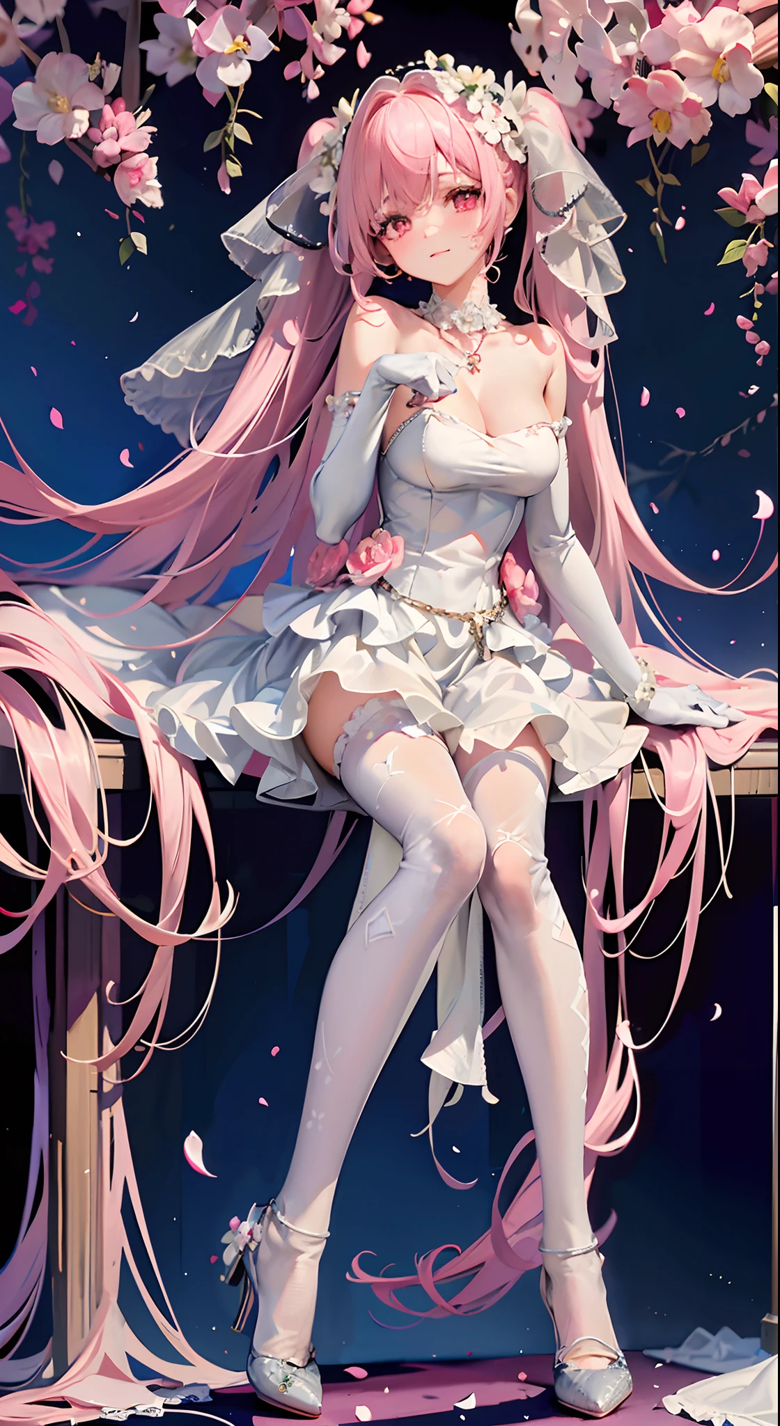 the bride,Full body in camera,full bodyesbian,(tmasterpiece),(best qualtiy),(A pink-haired,long whitr hair:2,White flower decoration,White hairpin),(lacepantyhose,White panty hose,stocklings,Full body pantyhose),(white wedding gown,Wedding dress),(panties are visible:1.5,Pink panties),pink necktie,cherry blossoms print,Holding a bouquet of flowers in both hands,white long gloves,Cross pendant necklace,(cuteexpression,ssmile,Playful),heart - shaped pupils,The eyes show love,Loving eyes,(Be red in the face,putting makeup on, Blushlush),(White high heels,Pink cherry blossom decoration),Dimly lit church,Faint candlelight,Dim candlelight,SakuraNS, the night,have to pee,Pee,pissing,Pee yourself,Top lighting,16k,High- sharpness,high qulity,wide wide shot,Bright colors