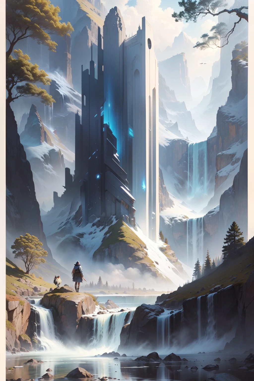 scenery, landscape, digital illustration, fountain, wildlife, breathtaking, godbeam, [summer|winter], BREAK,highest quality, highly detailed, masterpiece, best quality, BREAK, (art by Howard Lyon, art by Jaime Jones ,art by Tran Nguyen ), BREAK, Naturemagic, magical energy, fantasy