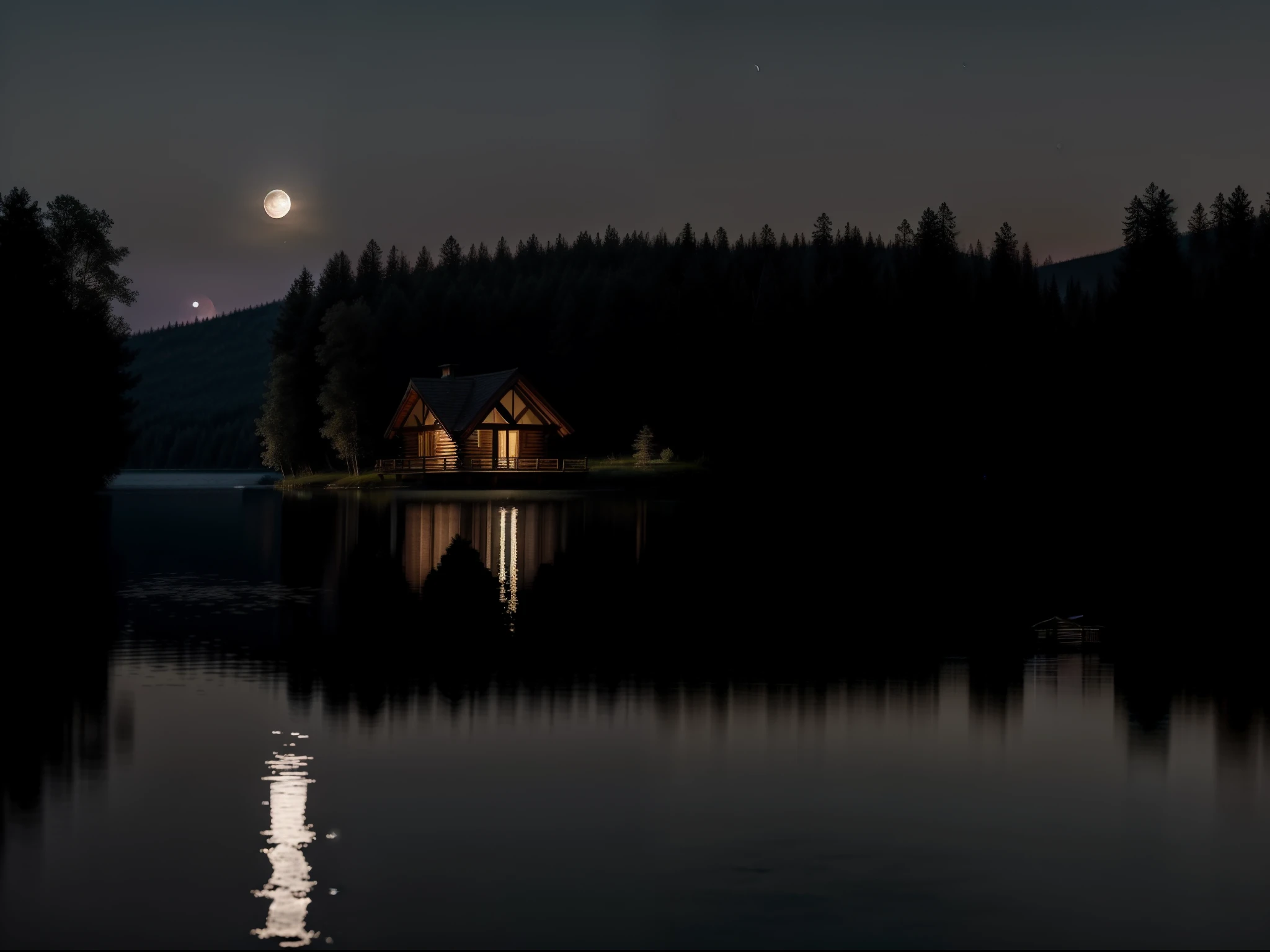 the night,Look from afar,A full moon in the sky,Under the moonlight is the calm surface of the lake,The reflection of the woods by the lake is reflected on the surface of the lake,There is a simple wooden house in the woods by the lake,The windows of the wooden house reveal the light