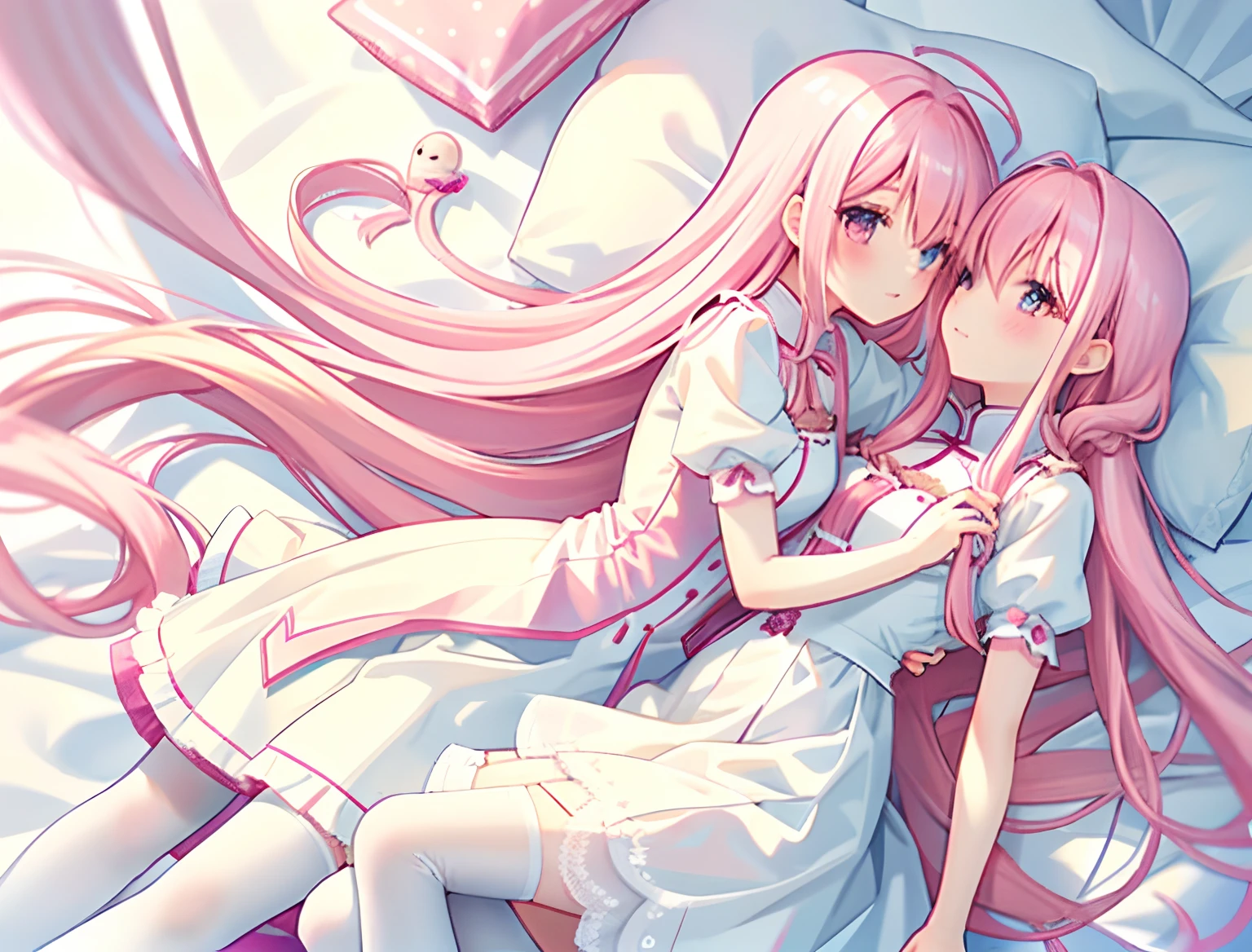 2girls,Girl1:adolable,A pink-haired,long whitr hair,white stockings,white dresses,girl 2:adolable,A pink-haired,long whitr hair,white stockings,white dresses。Kiss and cuddle
