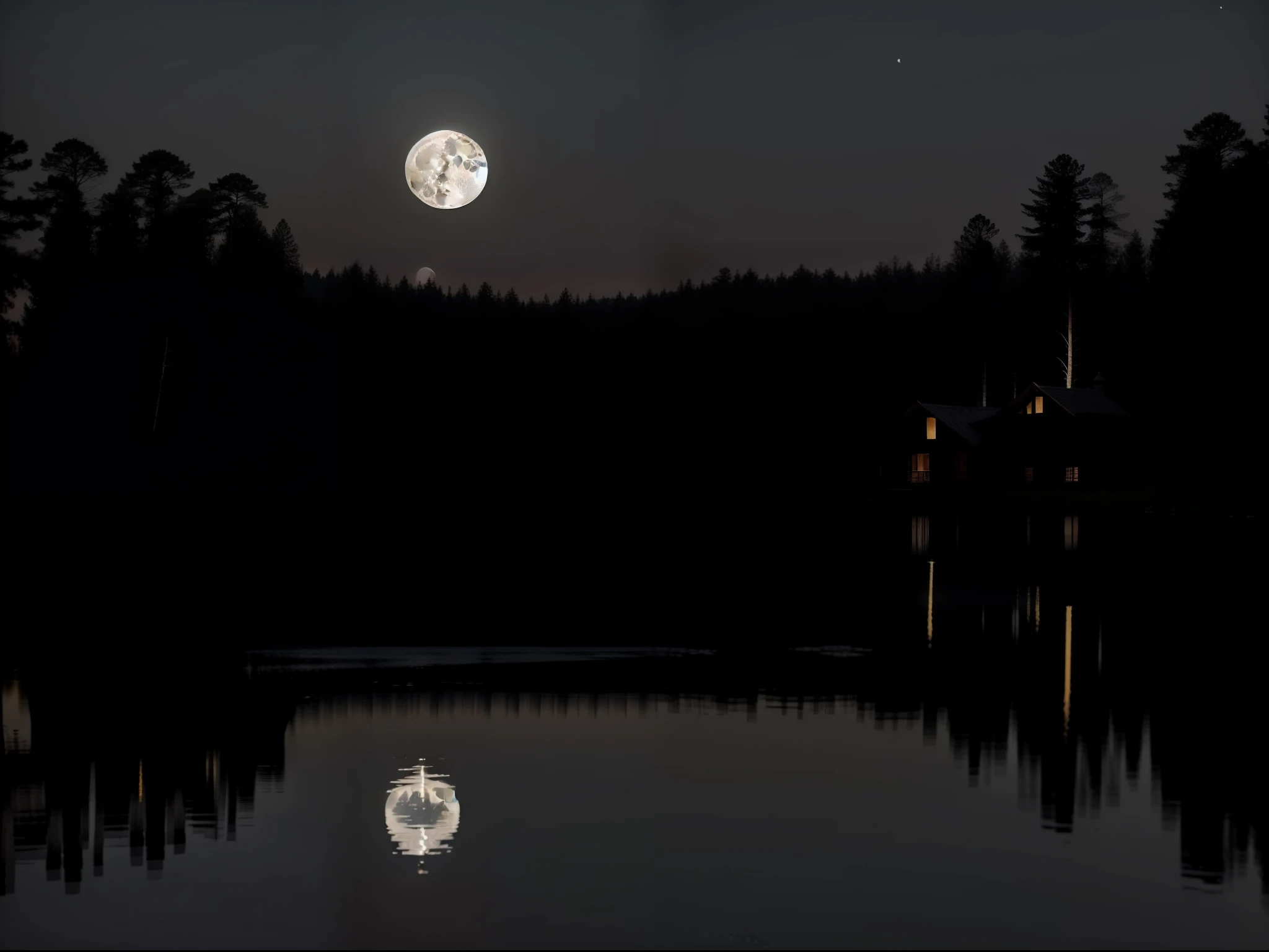 the night，Look from afar，A full moon in the sky，Under the moonlight is the calm surface of the lake，The reflection of the woods by the lake is reflected on the surface of the lake，There is a simple wooden house in the woods by the lake，The windows of the wooden house reveal the light