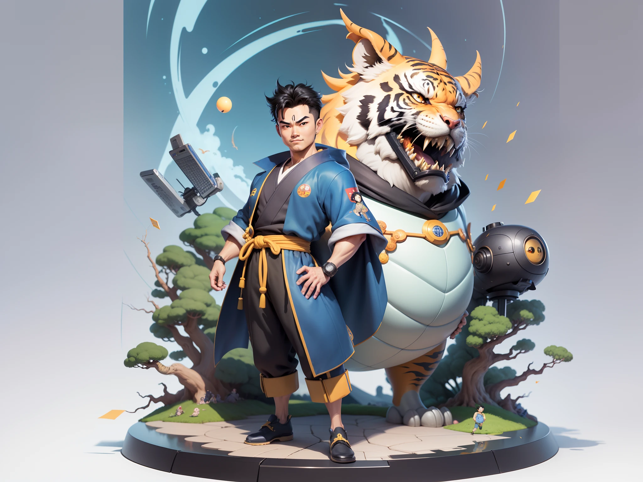 (Masterpiece), (Excellent), (Super Meticulous), (Full Body: 1.2), Super Young Man, Oriental Face, Japanese Kimono, Japanese Wind Thunder God, Dragon, Tiger, TV Anchor, Bust Portrait Illustration, Alone, Black Suit, Blue Tie, Slightly Chubby Face, Very Clean Face, No Beard, Black Super Short Hair, Black Eyes, Confident Smile, 3c Computer Sub-Products, iPad, iPhone, Digital Painting, 3D Character Design by Akira Toriyama and Mark Claireden and Pixar and Hayao Miyazaki, The illustration is a high-definition illustration in 4K resolution with very detailed facial features and cartoon-style visuals.