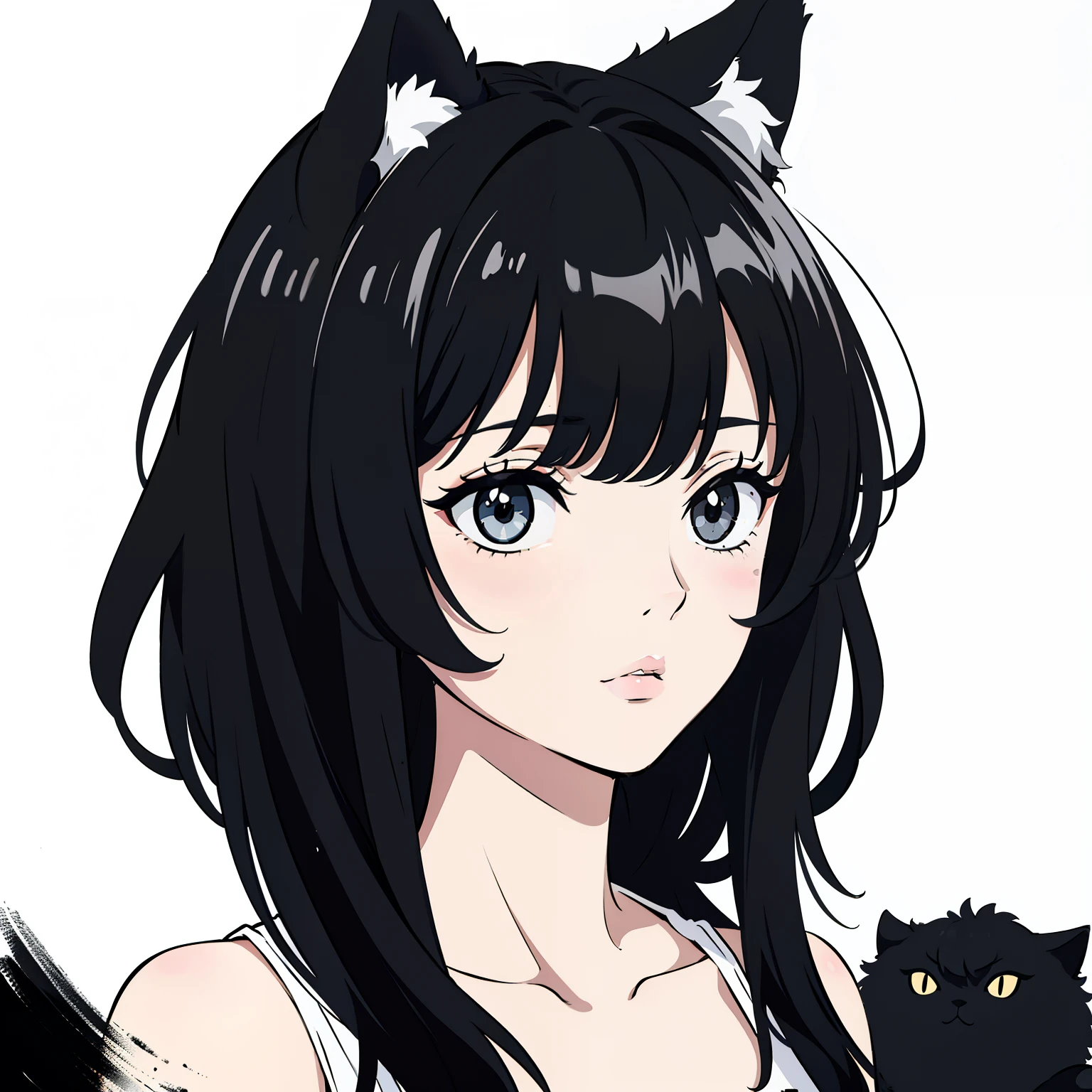 Nonchalant expression, black and white, disheveled fringe, medium messy hair, alluring look, black and white,Black and white painting,White background,Side Face,Cat Ear