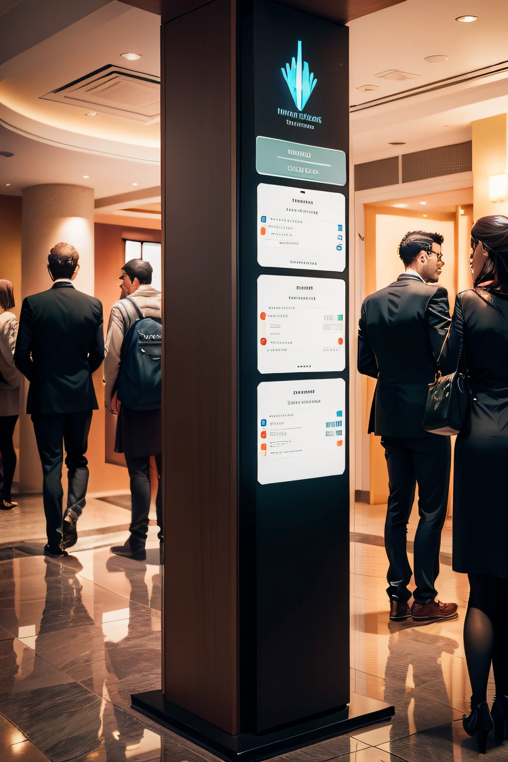 A bustling hotel reception with a square digital totem pole with information