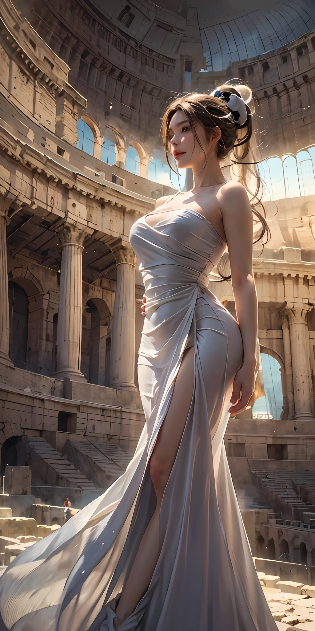 (8K, Best Quality, Masterpiece: 1, 2), (Realistic, Photo Realistic: 1,37), Top Quality, Masterpiece, Skinny 1girl Negona upper body photo wavy ponytail hair, audult, sexy dress, Chest cloth relax, bandeau dress, in the Colosseum, Wide angle close-up