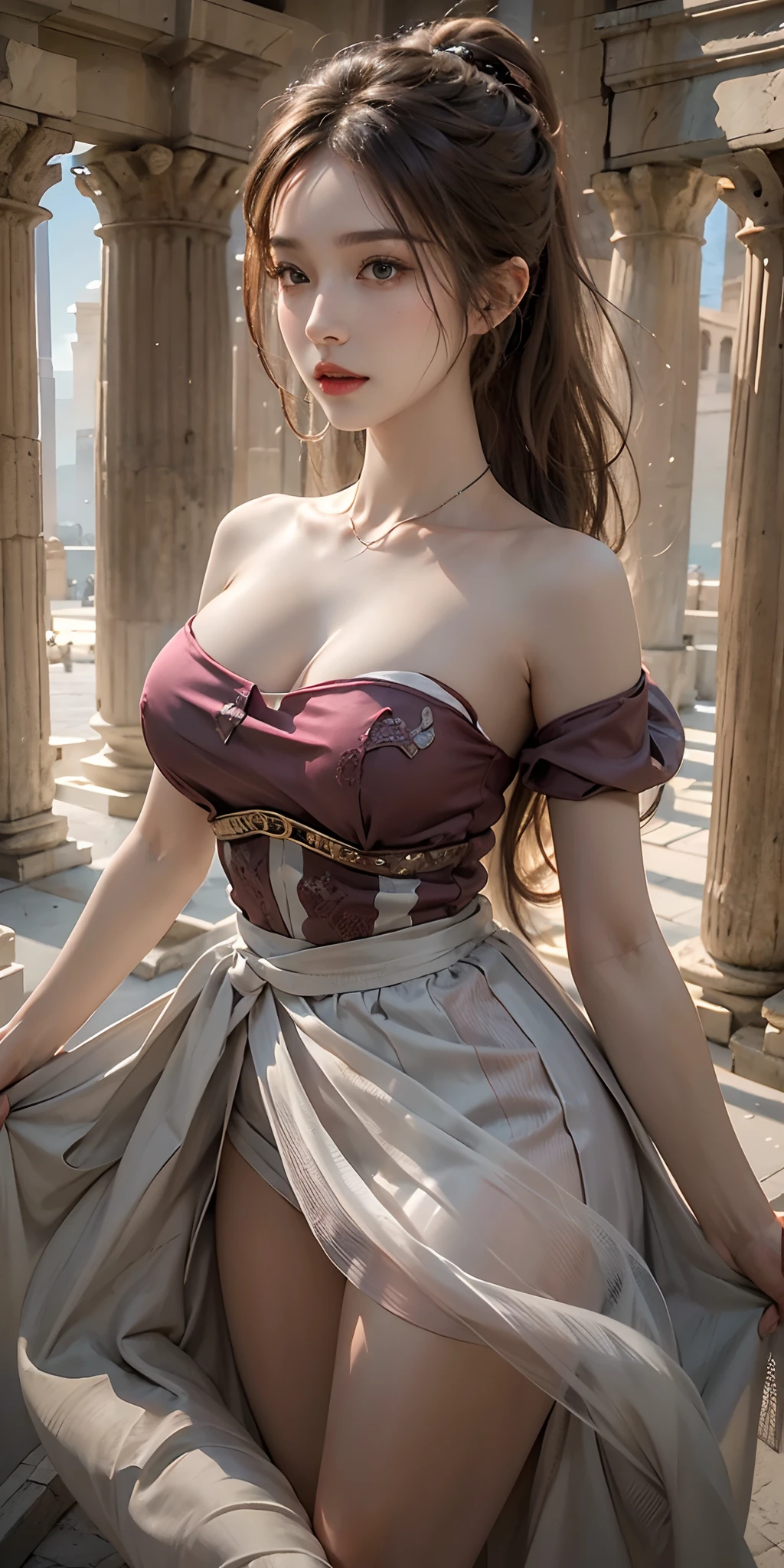 (8K, Best Quality, Masterpiece: 1, 2), (Realistic, Photo Realistic: 1,37), Top Quality, Masterpiece, Skinny 1girl Negona upper body photo wavy ponytail hair, audult, sexy dress, Chest cloth relax, bandeau dress, in the Colosseum, Wide angle close-up