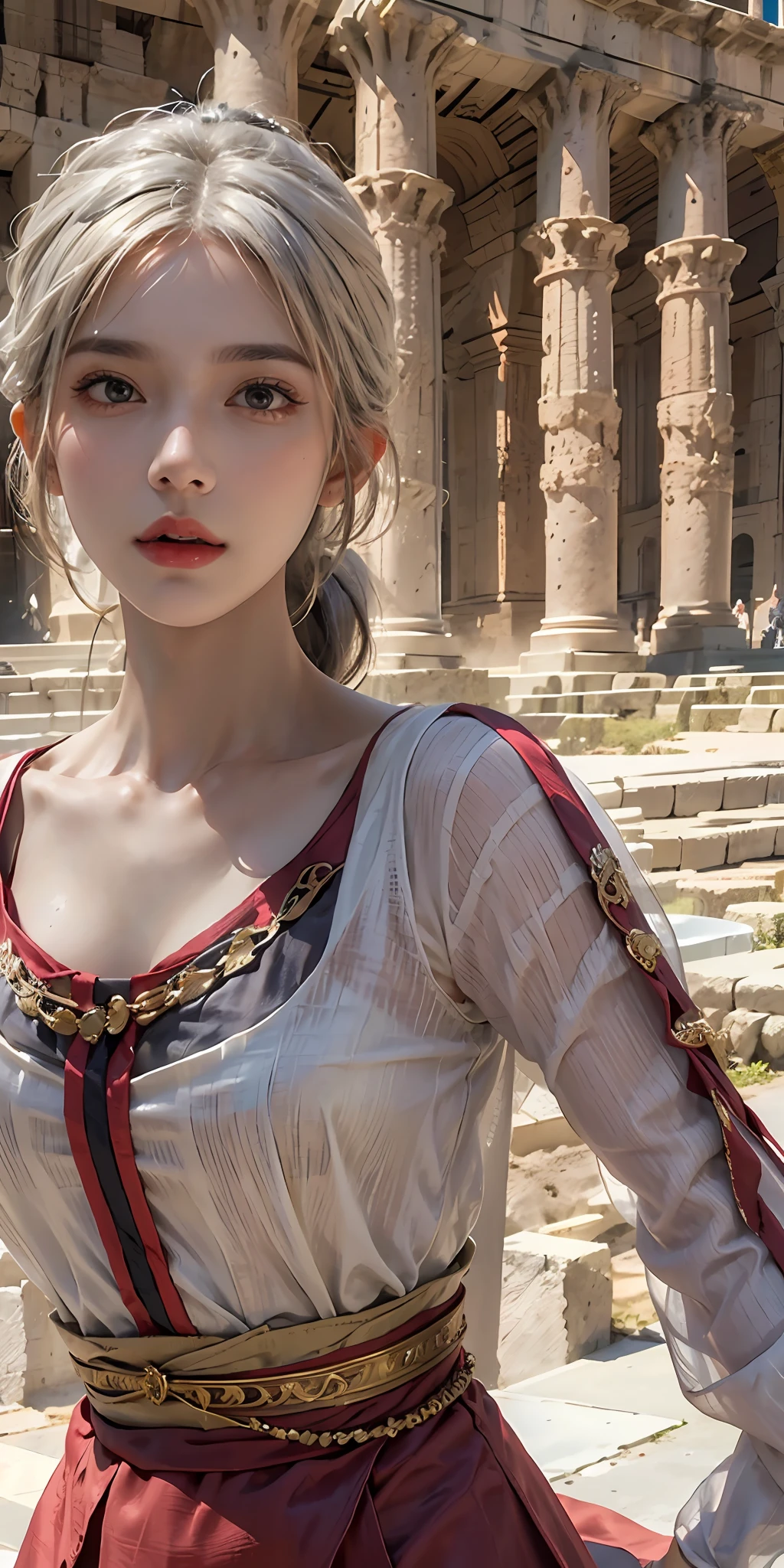 (8K, Best Quality, Masterpiece: 1, 2), (Realistic, Photo Realistic: 1,37), Top Quality, Masterpiece, Skinny 1girl Negona upper body photo wavy ponytail hair, audult, sexy dress, Chest cloth relax, bandeau dress, in the Colosseum, Wide angle close-up