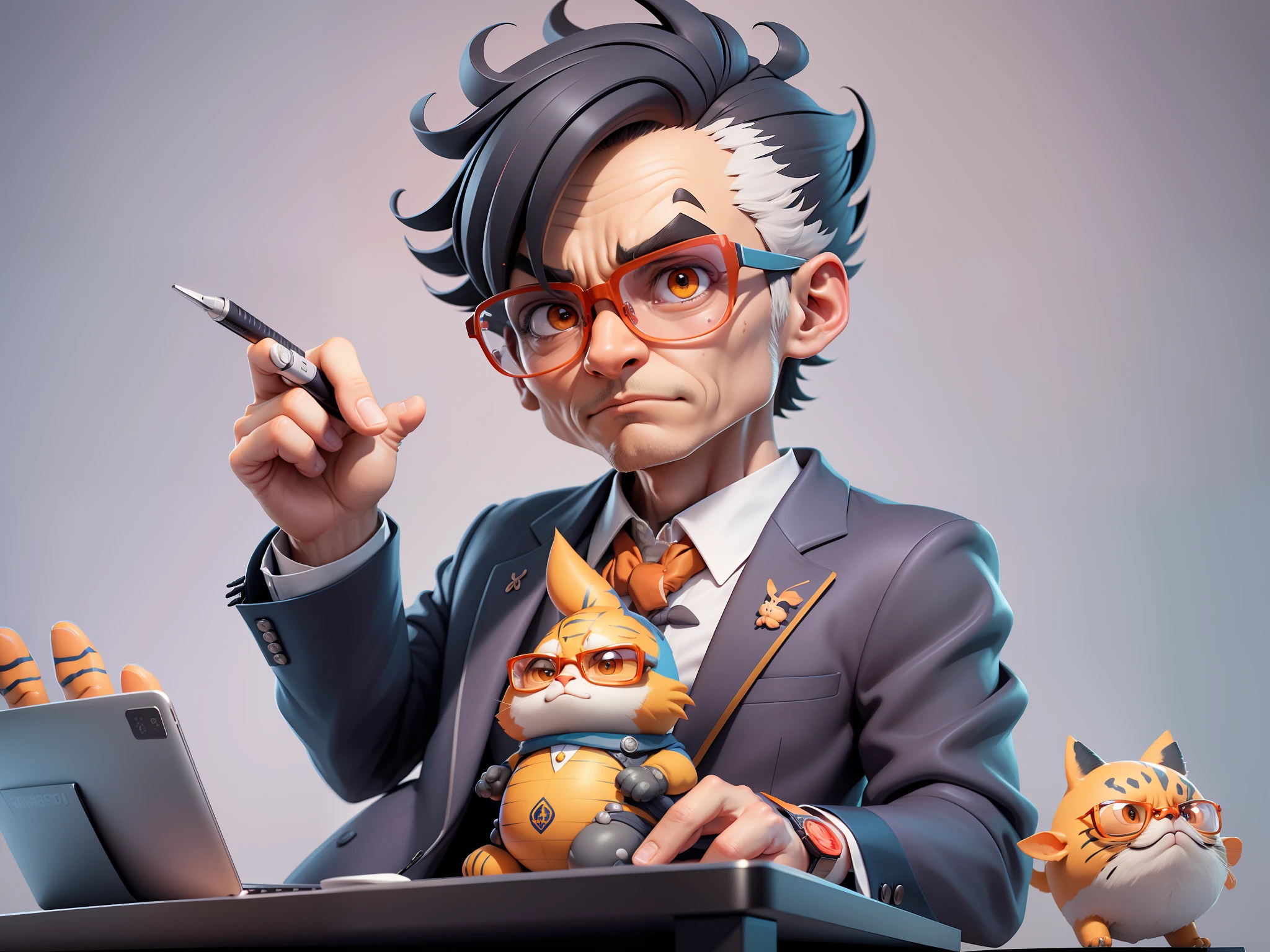 A young man in a suit, Short hair and glasses sat at his desk，holding laptop，digitial painting，tigre，3D character design by Mark Clairen and Pixar and Hayao Miyazaki and Akira Toriyama，4K HD illustration，Very detailed facial features and cartoon-style visuals。