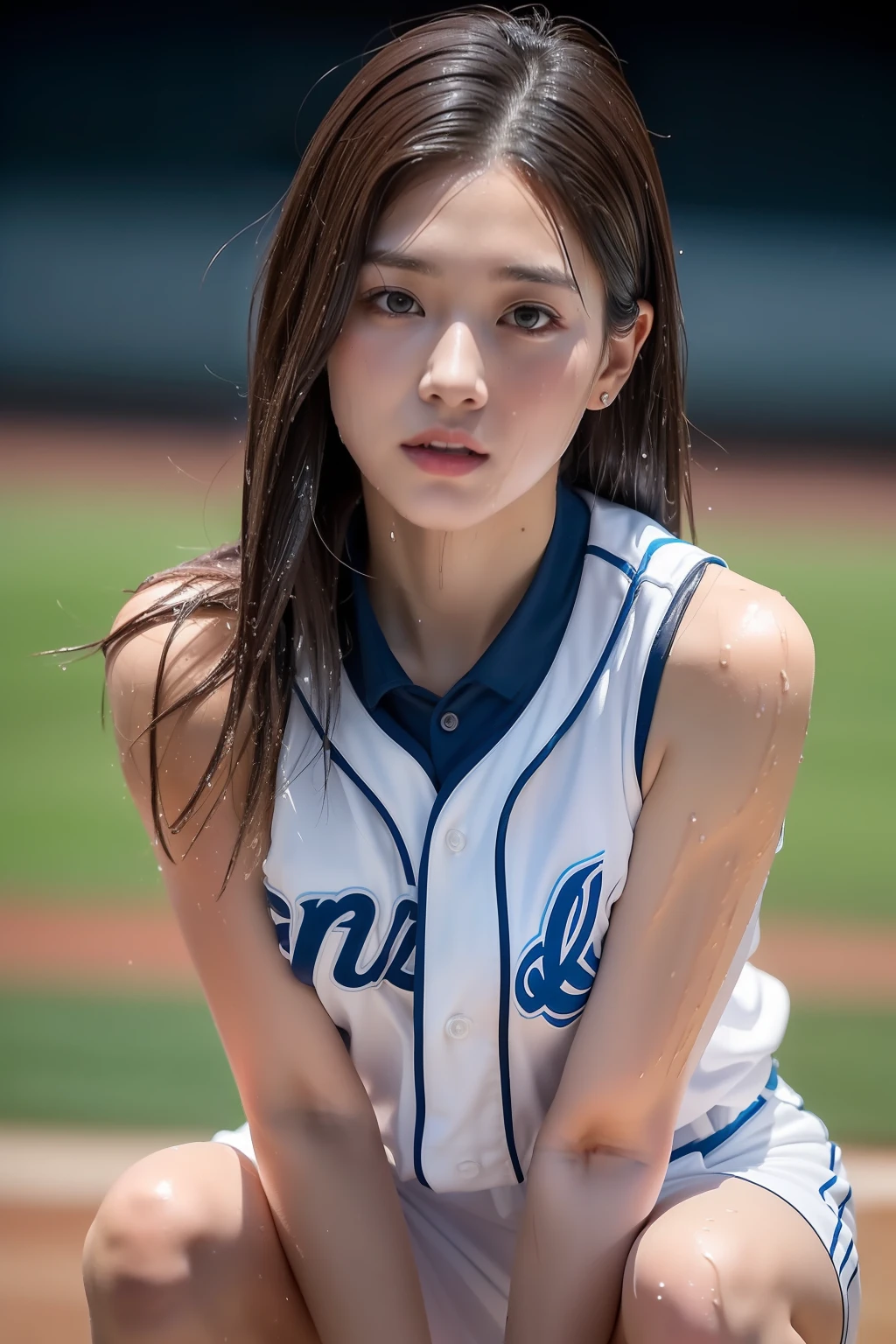 (Best Quality, 8k, 32k, Masterpiece, UHD:1.2), (1 slender woman of Japan, 28 years old, tall gravure model), Dark Brown Hair, Bright in the foreground,  Professional Lighting, Photon Mapping, Radiosity, shading:1.3, (High Definition Skin:1.2), (shorts, Exposed Shoulder:1.1), squatting with legs open, ((provocative dynamic pose)), ((she is wet)), Top-Down View:1.5, (baseball Uniform:1.1, ), Ultra Detailed Face, Detailed Lips, Detailed Eyes, Double Eyelids, Inside the Stadium, (sensual gaze to the photographer, lips slightly open) clear sky, baseball stadium, Spectators get excited,