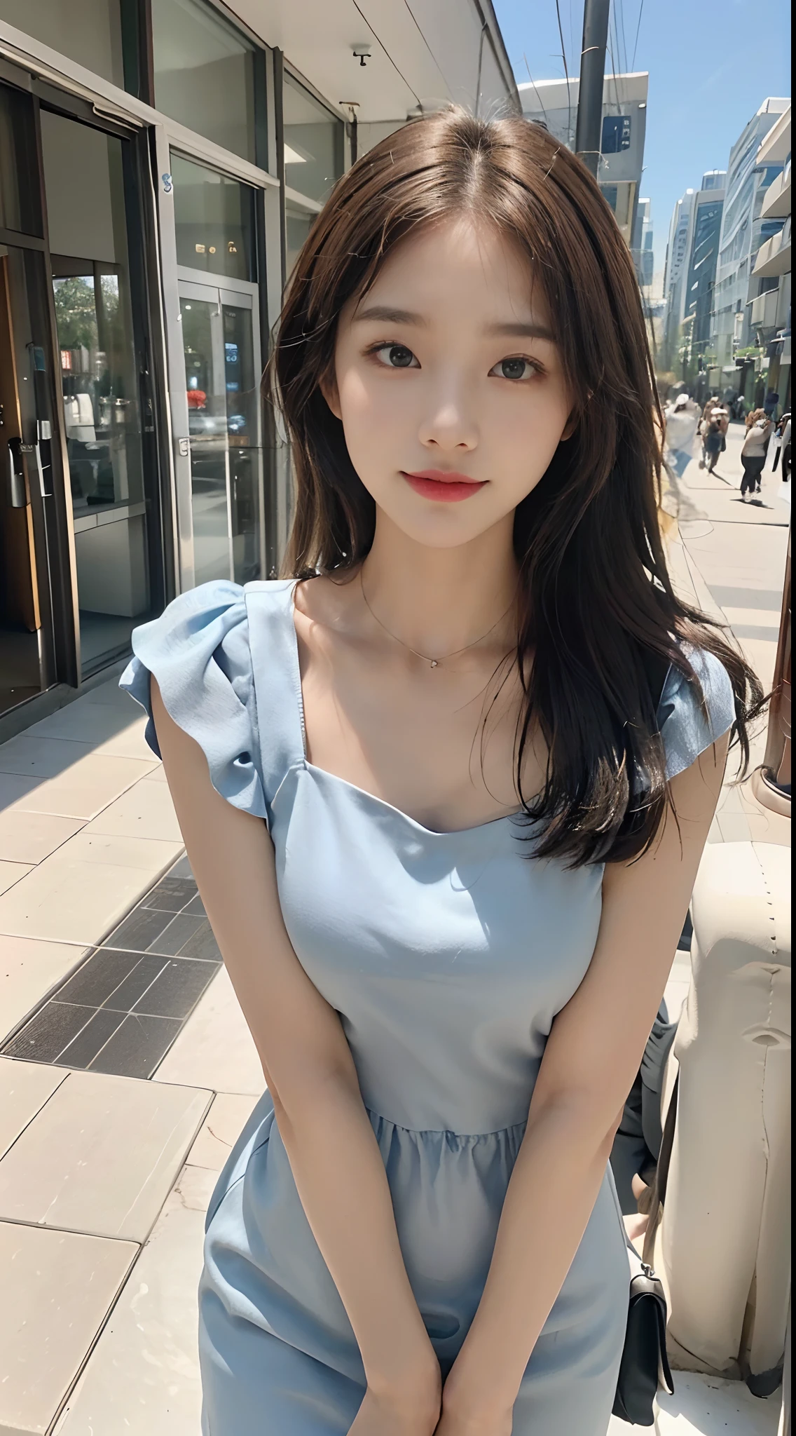 Selfie Superb Beauty Very Beautiful Fair Skin Very Beautiful Medium Long Hair Wearing a Dress Selfie in a Blurry Street Gentle Very Beautiful Wearing a Bracelet