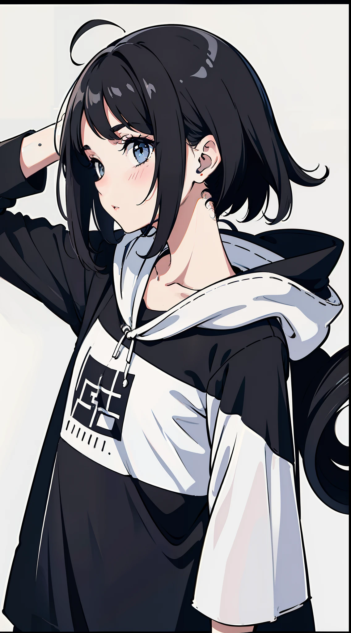 Girl, side portrait, Black and white, Messy short hair, Avant-garde accessories,Sporty style, Casual T-shirt, (Confident gaze), monochromatic color scheme, Looks to the side, Chic street fashion,((One guy)),(Long hair),A hood worn on his head, Head and neck shawl fabric,Blush,Flat Chest,Tranquility