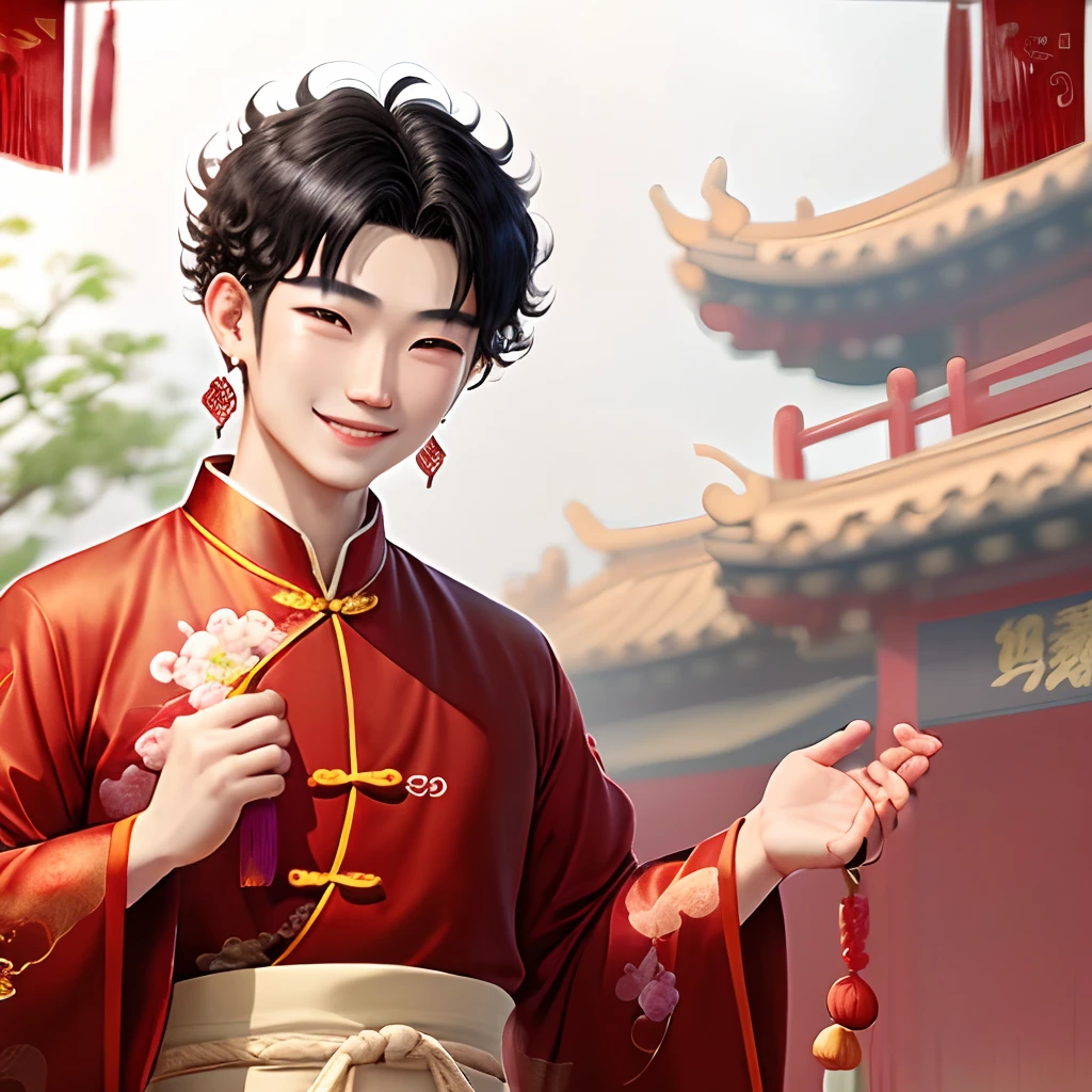 anime chinese boy, black hair, slanted eyes, curly hair, cute smile, traditional Chinese festival outfit, earrings