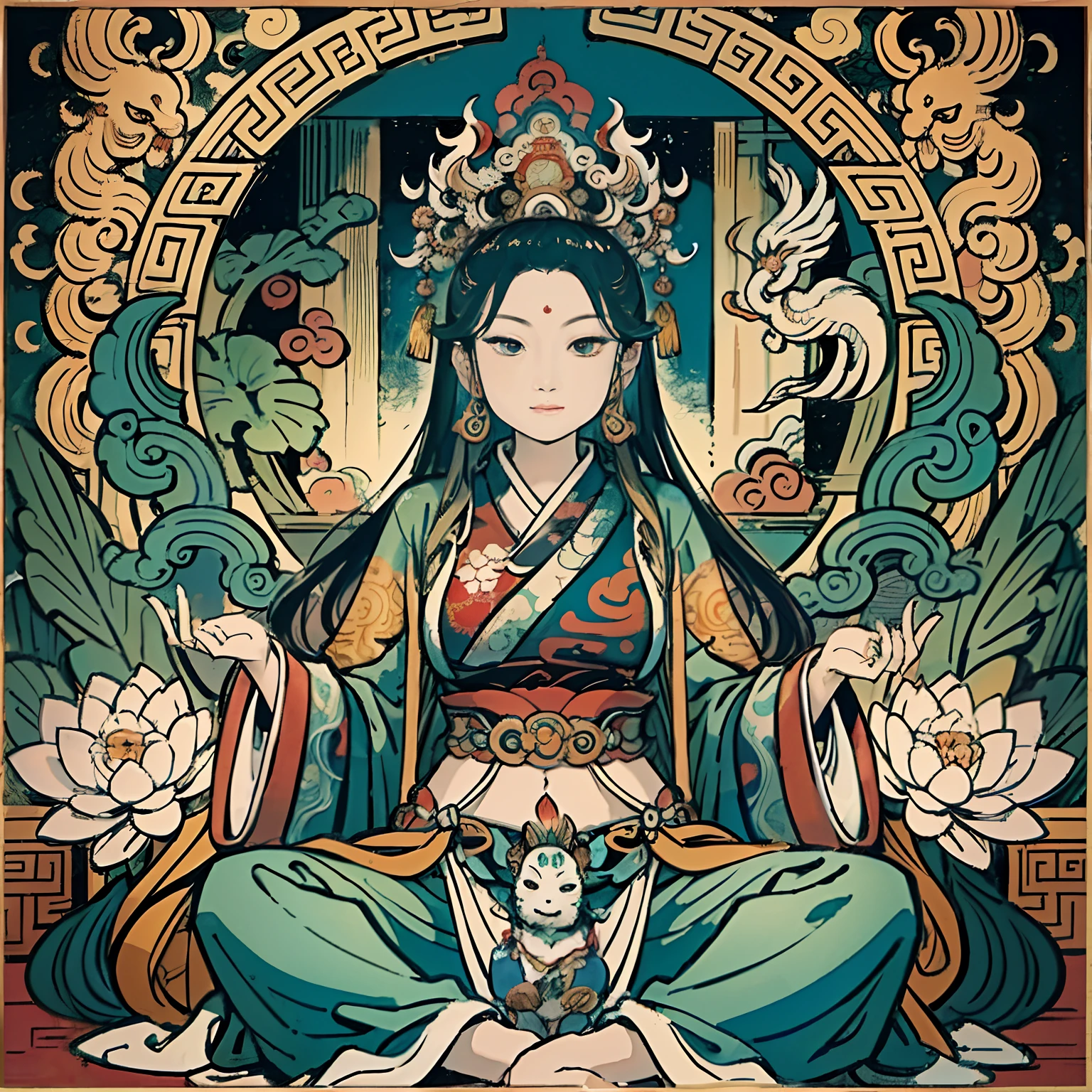 an ancient Chinese goddess, guanyin of the southern seas, Guanyin, Inspired by India, Avalokiteshvara rides a phoenix，,Serene expression,shui mo hua,Buddha,Buddhist,Lotus,Chinese painting style,Thangka style