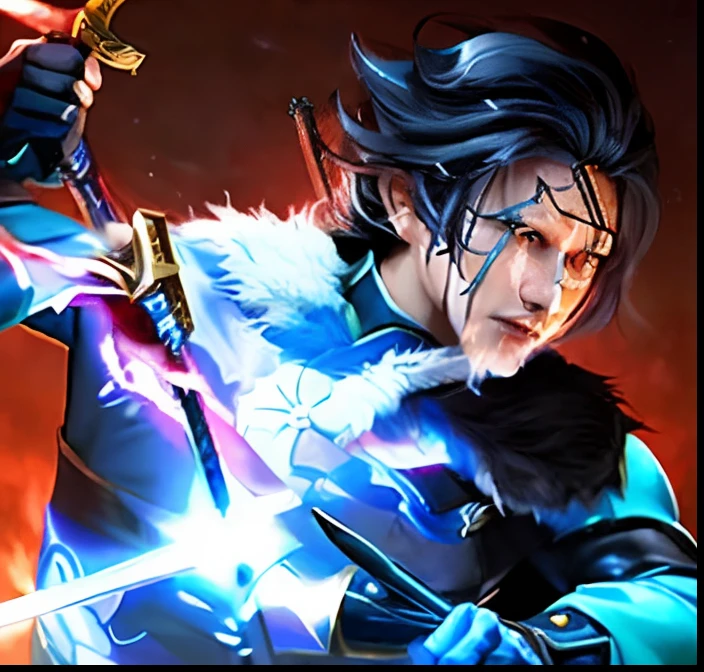 Close up of a man with a sword,