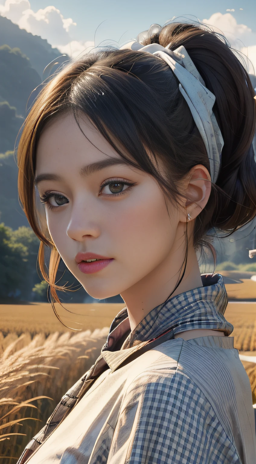 realistic photo, a realistic photo of 22 year girl wearing Vintage-inspired gingham dress, High Ponytail with Bandana,A rice field during harvest time, with golden sheaves of rice background, (extremely detailed CG unity 8k wallpaper), photo of the most beautiful artwork in the world, 8k uhd, dslr, natural lighting, high quality, High Detail, Sharp focus, dramatic, (looking at viewer:1.2), (detailed face:1.3)
