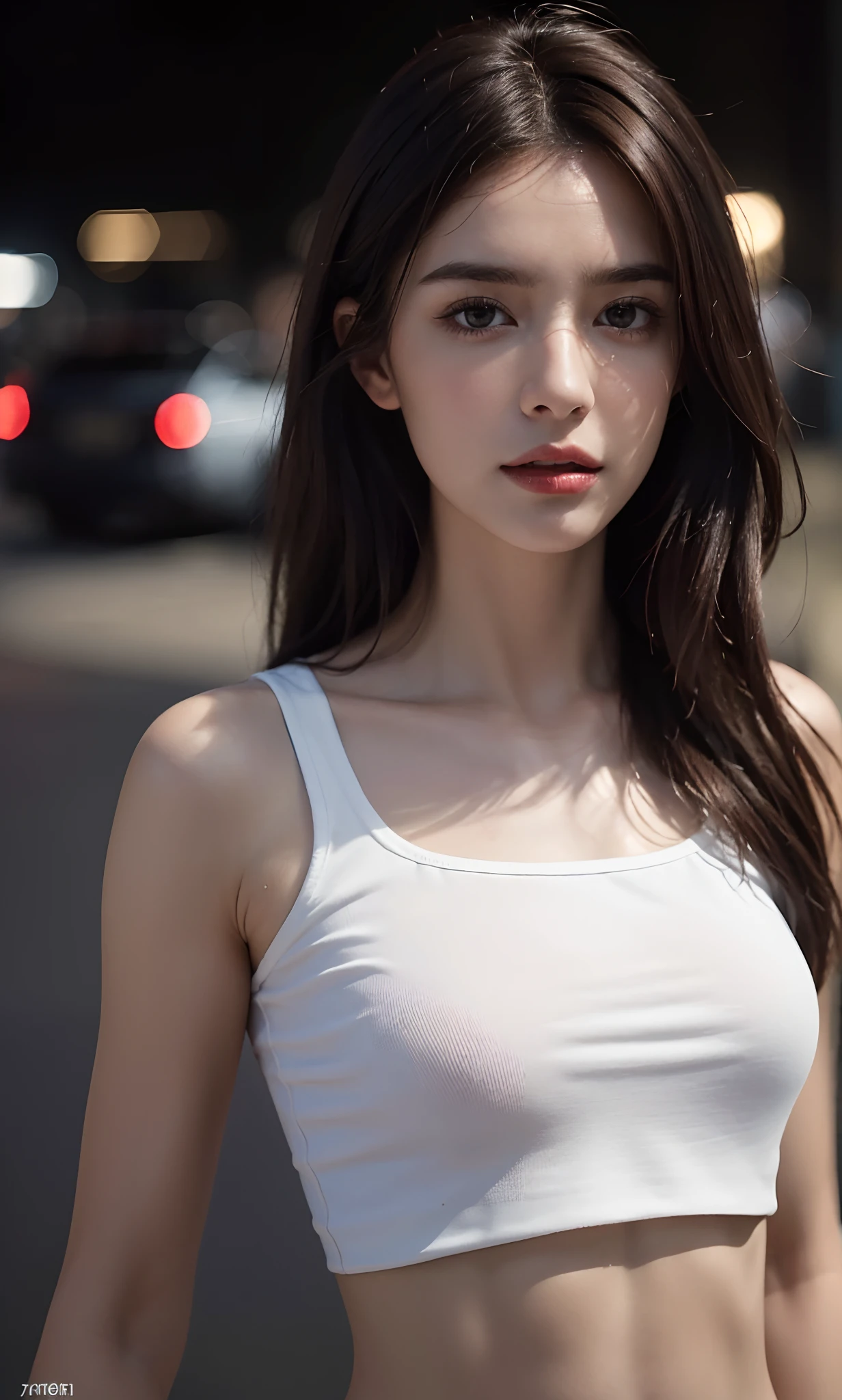 ((Realistic Lighting, Top Quality, 8K, Masterpiece: 1.3)), Clear Focus: 1.2, 1 Girl, Perfect Body Beauty: 1.4, Slim Abs: 1.1, Full Body, ((Dark Brown Hair, Big: 1.3)), (Acceleration: 1.4), (Outdoor, Night: 1.1), Street, Slender Face, Narrow Eyes, Double Eyelids, Exposed Cleavage, fashion model pose, messy hair, floating hair, t-shirt, jeans, necklace, iu1