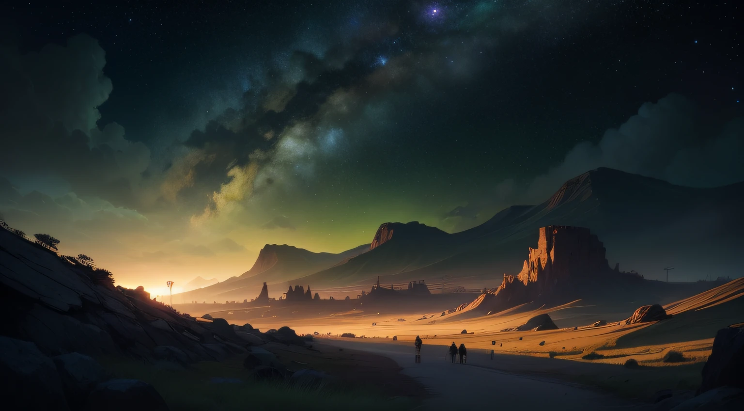 Kizi,wasteland,green color,star night,galaxias,galactic,clusters of stars,Scenery dominant