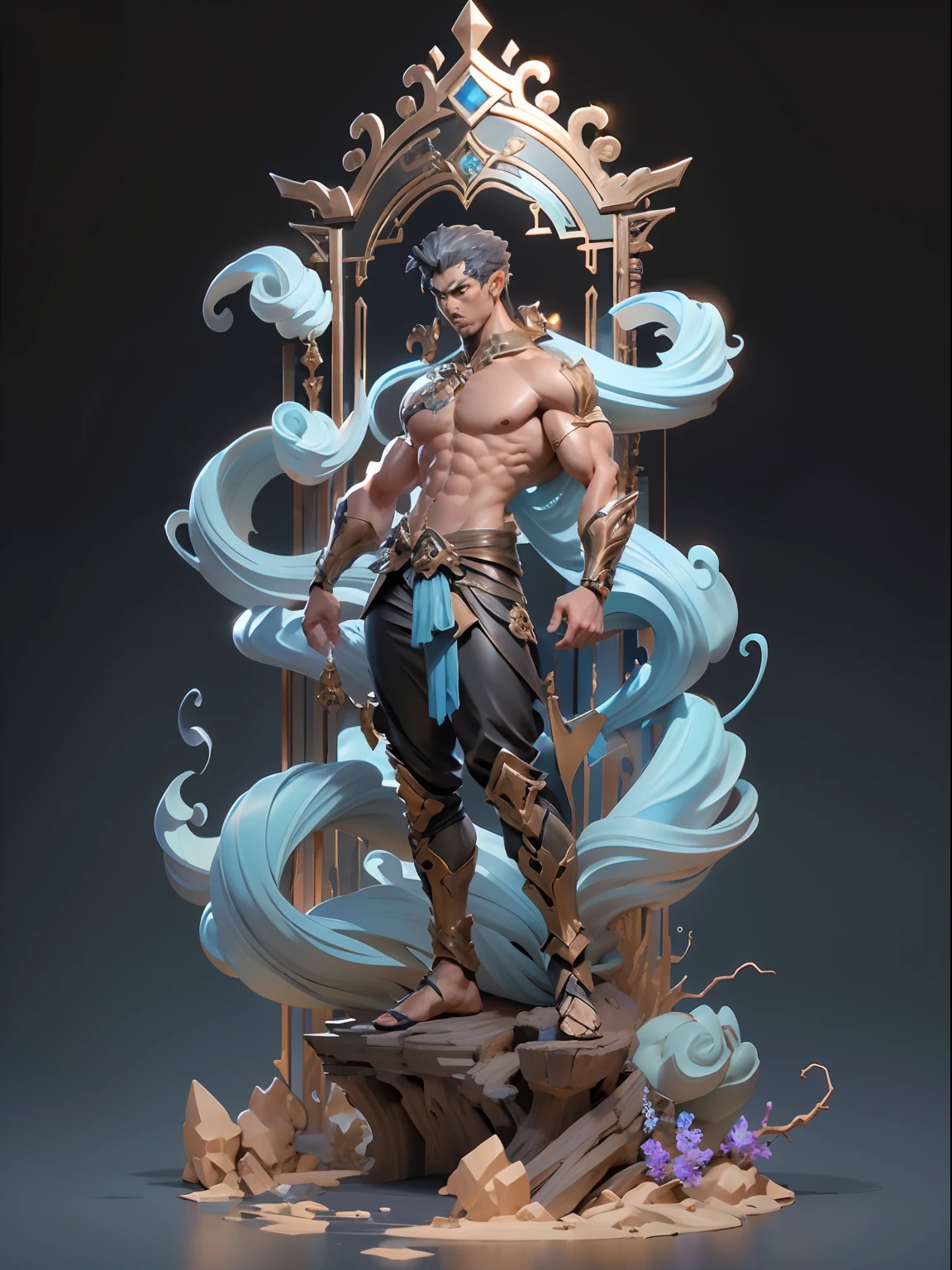 Sculpture design，Figures，Immortal，（base）male people，Handsome，chest muscle，Abs，dunhuang，Systemic vision，semi transparent，Computer graphic arts，A high resolution，32K，3D naked boy，Blind box toy style，best qualtiy，hyper HD