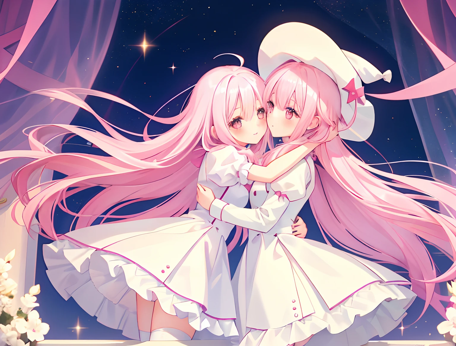 2girls，Girl1：adolable，A pink-haired，long whitr hair，white stockings，white dresses，girl 2：adolable，A pink-haired，long whitr hair，white stockings，white dresses。kissing and hugging