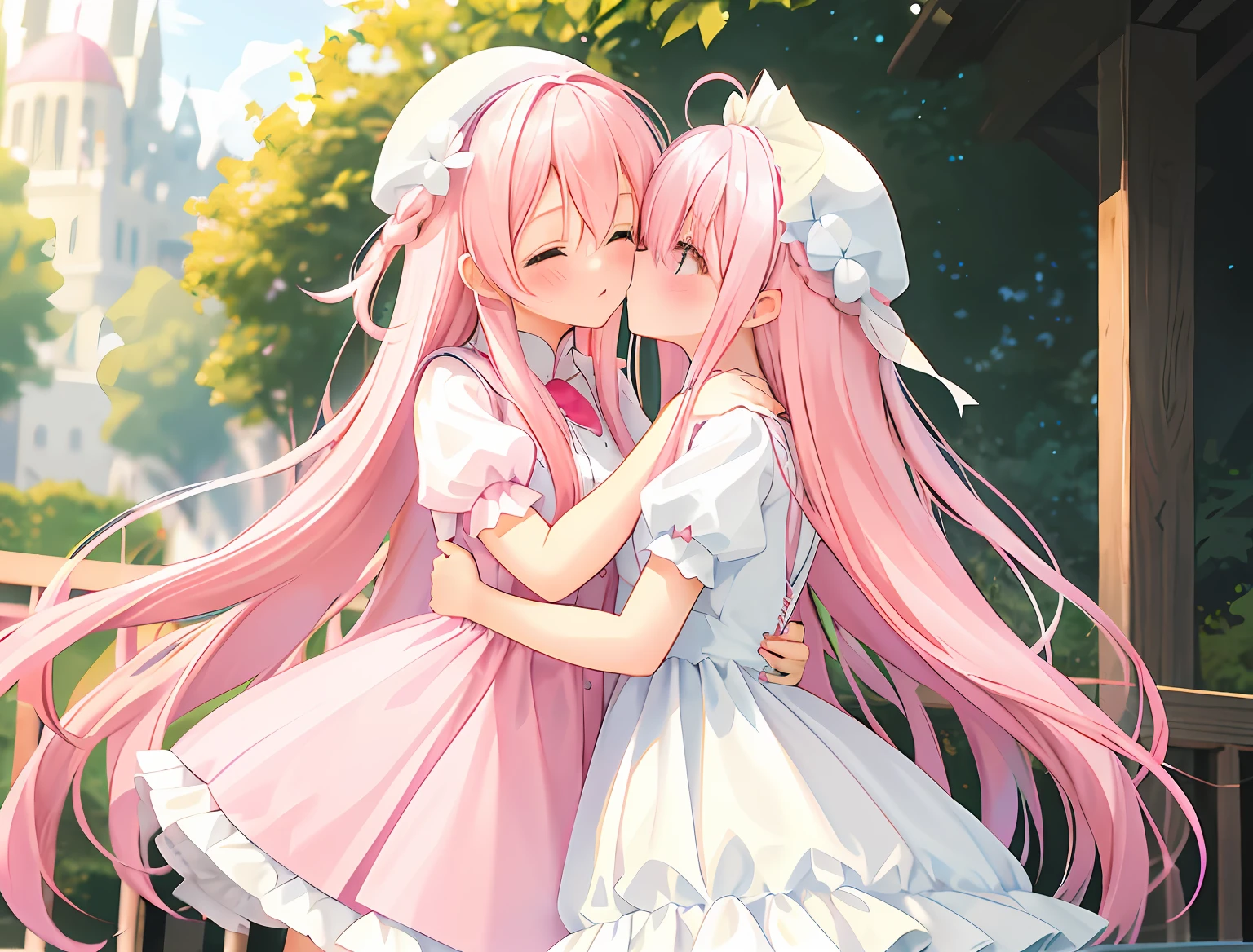 2girls,Girl1:adolable,A pink-haired,long whitr hair,white stockings,white dresses,girl 2:adolable,A pink-haired,long whitr hair,white stockings,white dresses。kissing and hugging