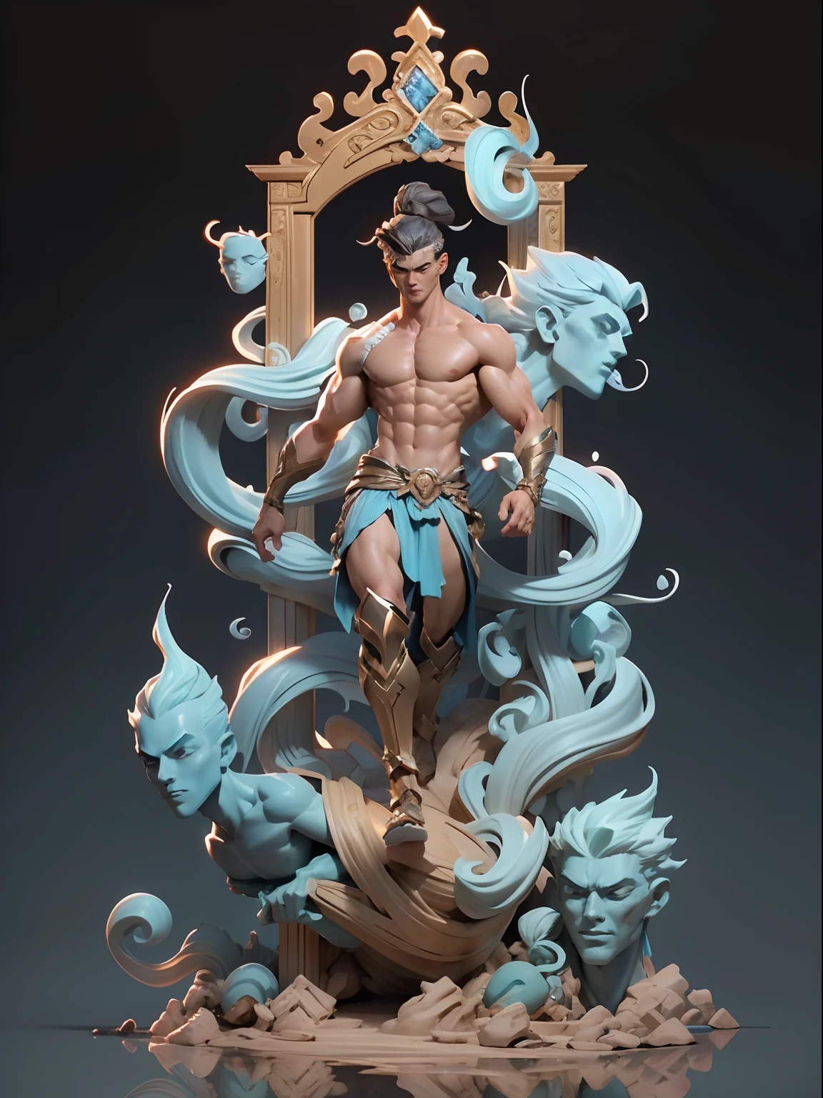 Sculpture design,Figures,Immortal,(base)male people,Handsome,chest muscle,Abs,dunhuang,Systemic vision,semi transparent,Computer graphic arts,A high resolution,32K,3D naked boy,Blind box toy style,best qualtiy,hyper HD