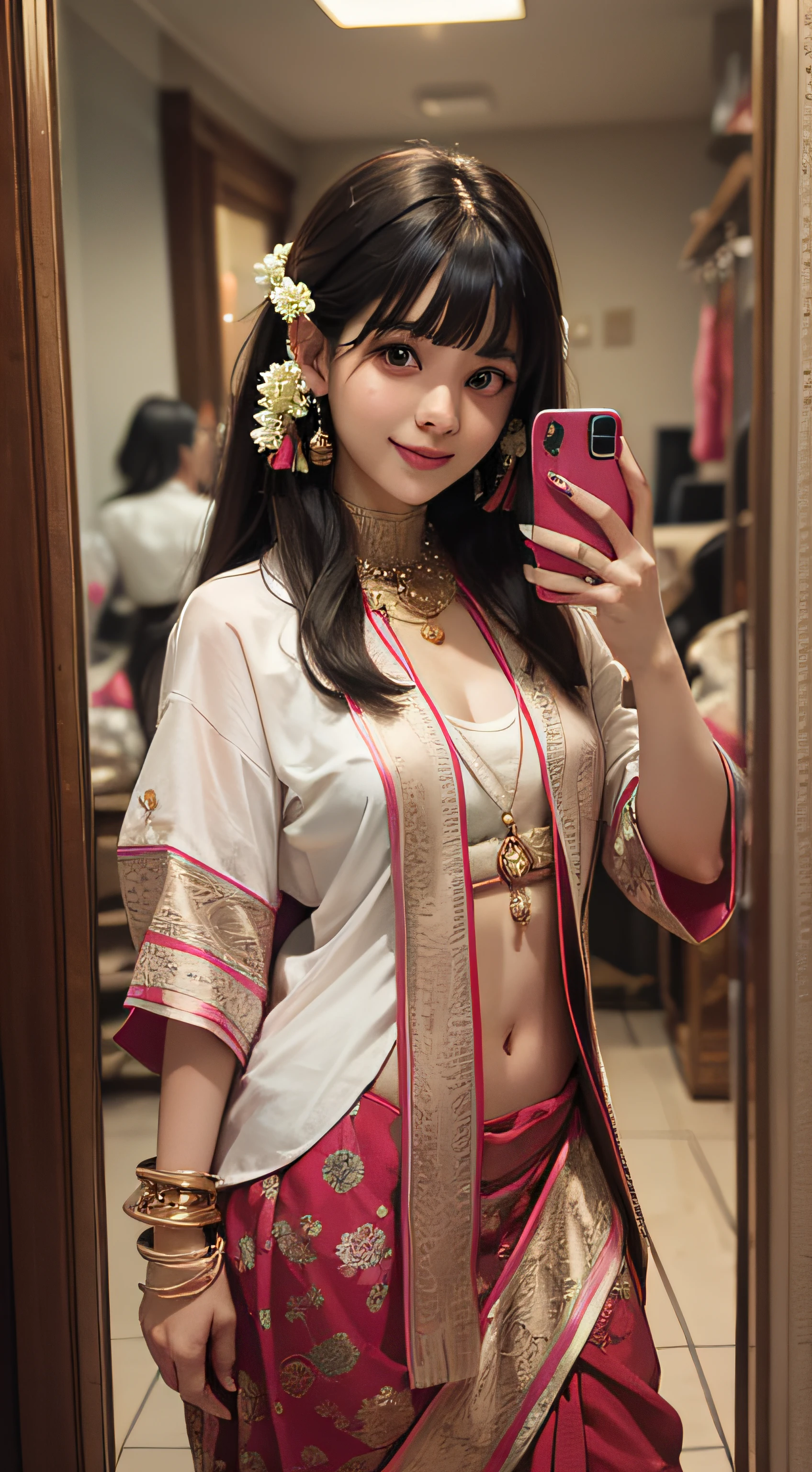 A Masterpiece,Bestquality,1 indian girl,long_hair,Light smile,blunt bangs,looks at the viewer,fulllllbody,selfie,(realisti:1 girl Girl.5 girls), film photography,