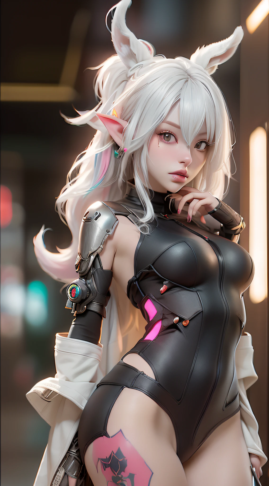 ((best qualtiy)), ((tmasterpiece)), (the detail:1.4), 3D, A beautiful cyberpunk female image,hdr(HighDynamicRange)Pink and white hair,tattoo,ears of elf,Ray traching,NVIDIA RTX,Hyper-Resolution,Unreal 5,Subsurface scattering、PBR Texture、post-proces、Anisotropy Filtering、depth of fields、maximum definition and sharpness、Many-Layer Textures、Albedo e mapas Speculares、Surface coloring、Accurate simulation of light-material interactions、perfectly proportions、rendering by octane、Two-colored light、largeaperture、Low ISO、White balance、the rule of thirds、8K raw data、