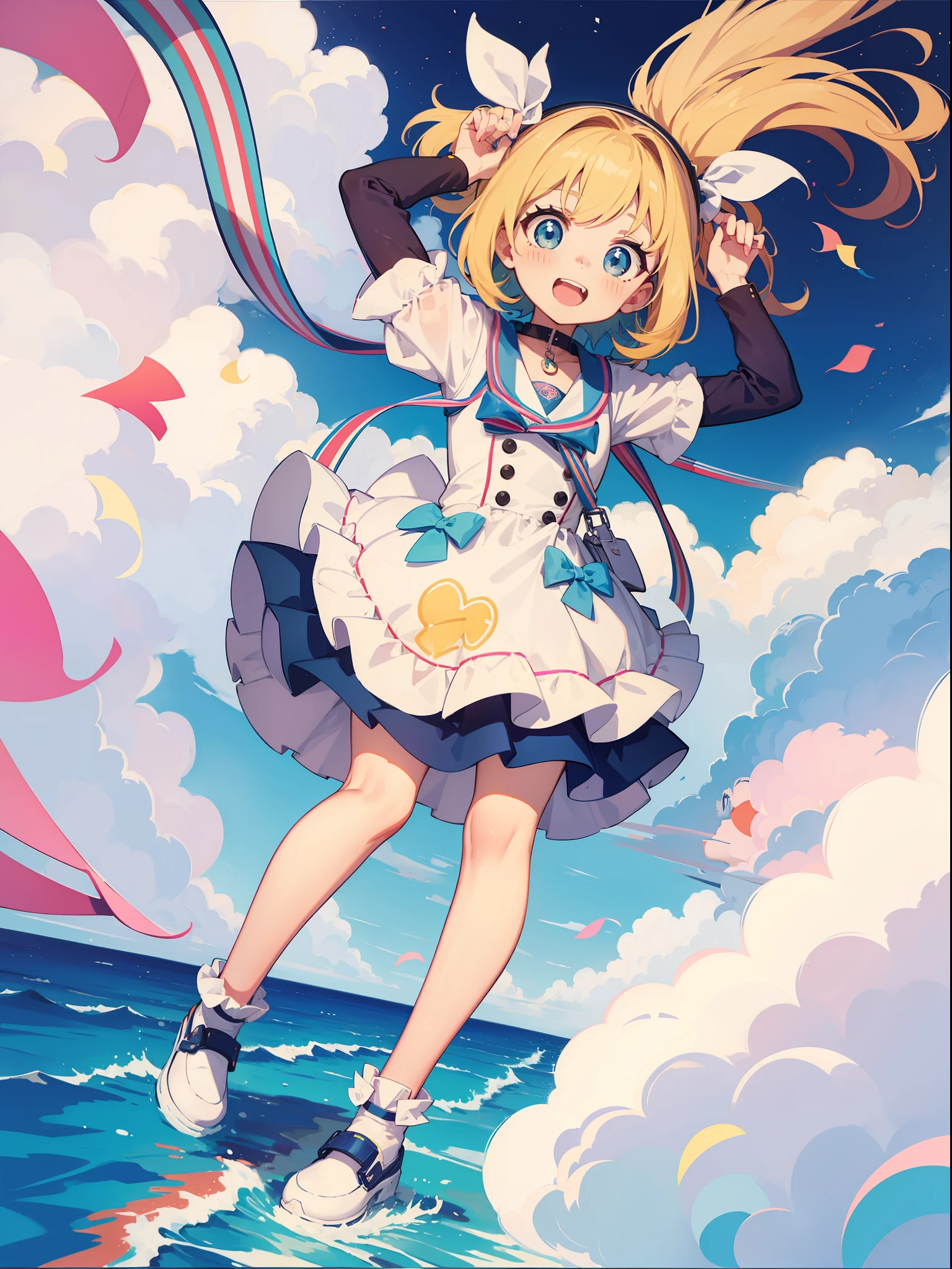 (masterpiece、highest quality、highest quality、Official Art、Beautiful and beautiful:1.2)、(One girl:1.3)Hatsune Miku、Twin tails,Big Breasts,A girl with striking blonde hair、hair ornaments、Short Bob、Black Pantyhose、Sleeveless、hot pants、smile、Cute shoes with accessories、Red Hairband、Dynamic pose