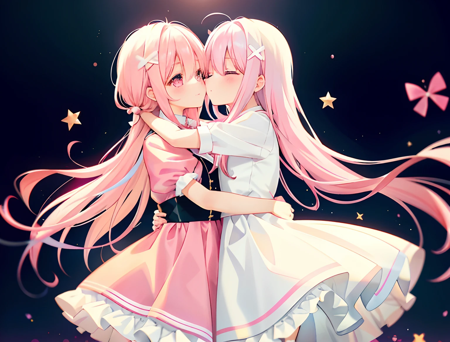 2girls,Girl1:adolable,A pink-haired,long whitr hair,white stockings,white dresses,girl 2:adolable,A pink-haired,long whitr hair,white stockings,white dresses。kissing and hugging