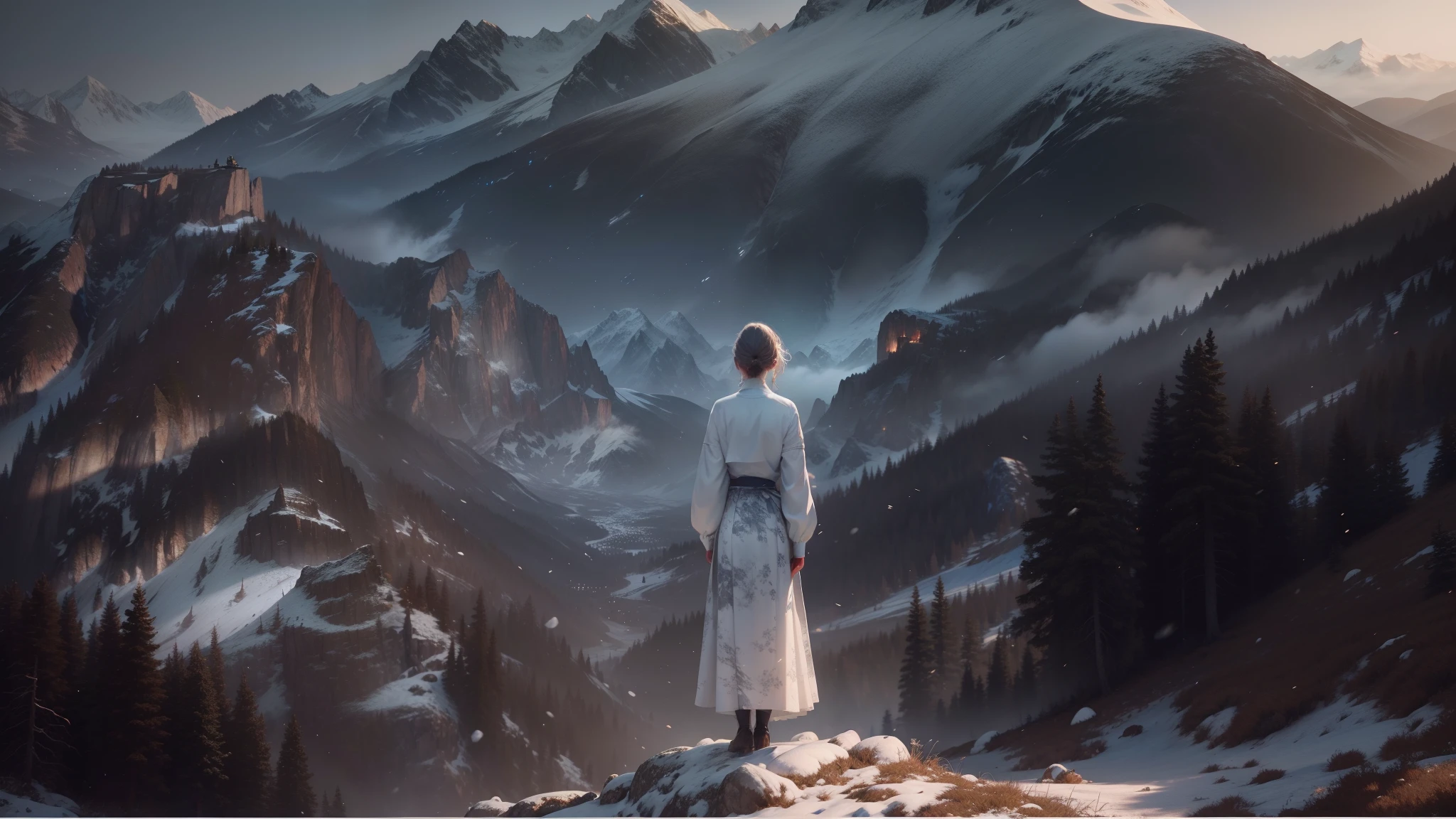 There was a woman standing on the top of a mountain looking at the mountain,mountain scene. cinematic Film still from, Stand in front of Mt, Still from L'Estate, girl standing on mountain, looking at the mountains, cinematic Film still from, a still of an ethereal, a mountain look like a women, screenshots from movies, cinematic Film still from,Pure white clothes and skirts,The wind blows the skirt to the right,8K,hdr,Surreal 3D,realisticlying,Detailed skin texture,Detailed cloth texture,Complicated details,ultra - detailed,edge lit,Side lighting,cinematric light,超高分辨率